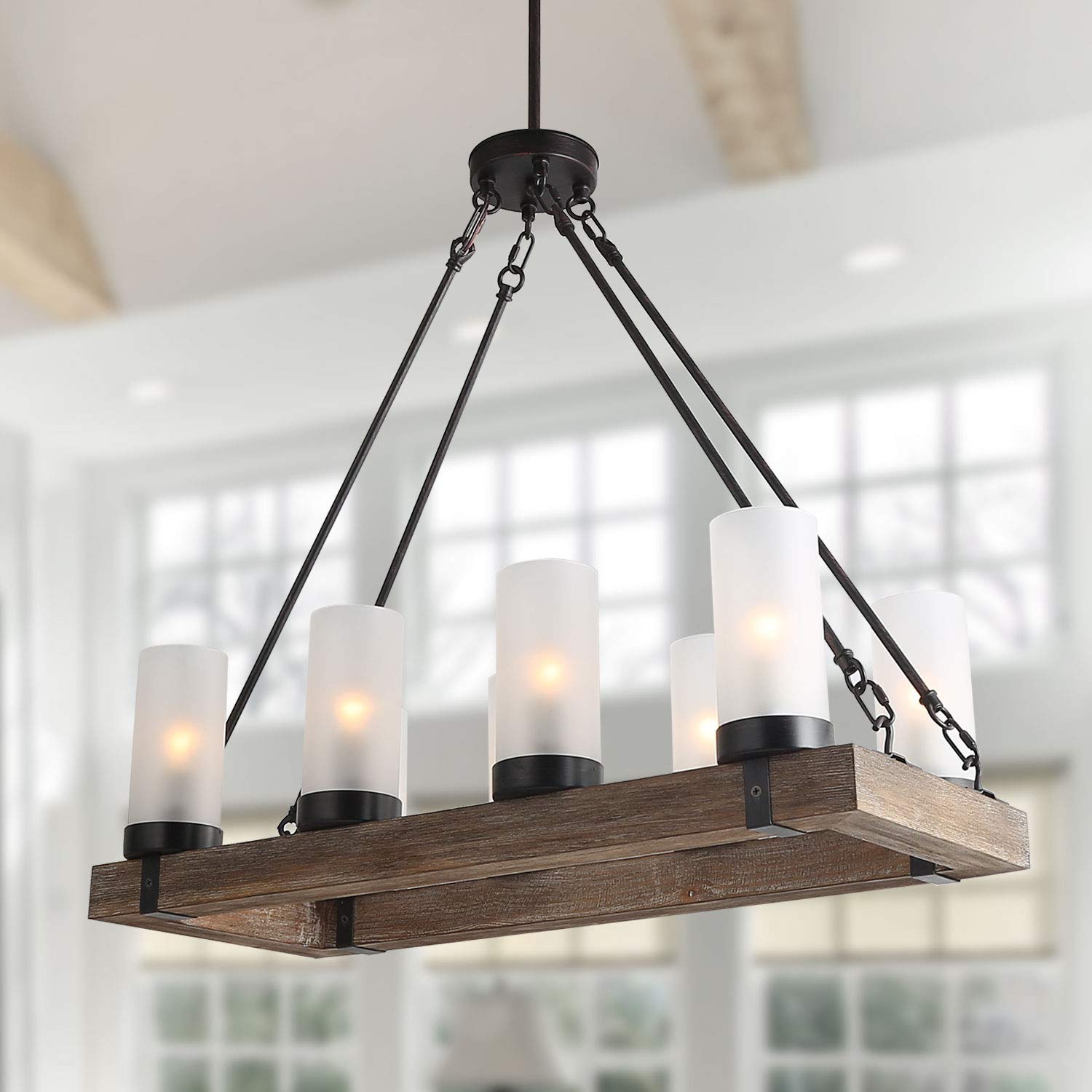 Rustic Farmhouse Wood Chandelier - Large Black Rectangular Light Fixture with Frosted Glass Shade for Kitchen Island, Dining Room, Living Room & Bedroom Lighting | Perfect for Country Style Home Decor