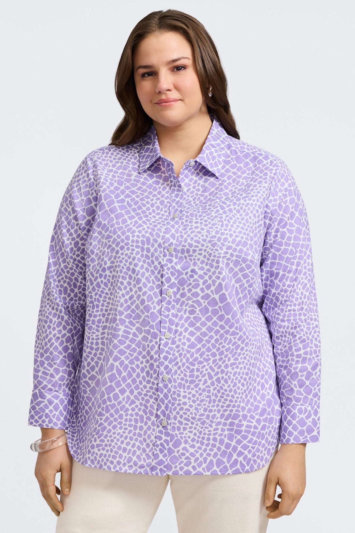 Meghan Plus Linen Giraffe Print Long Sleeve Shirt for Women - Casual Comfort Top for Work, Travel & Everyday Wear