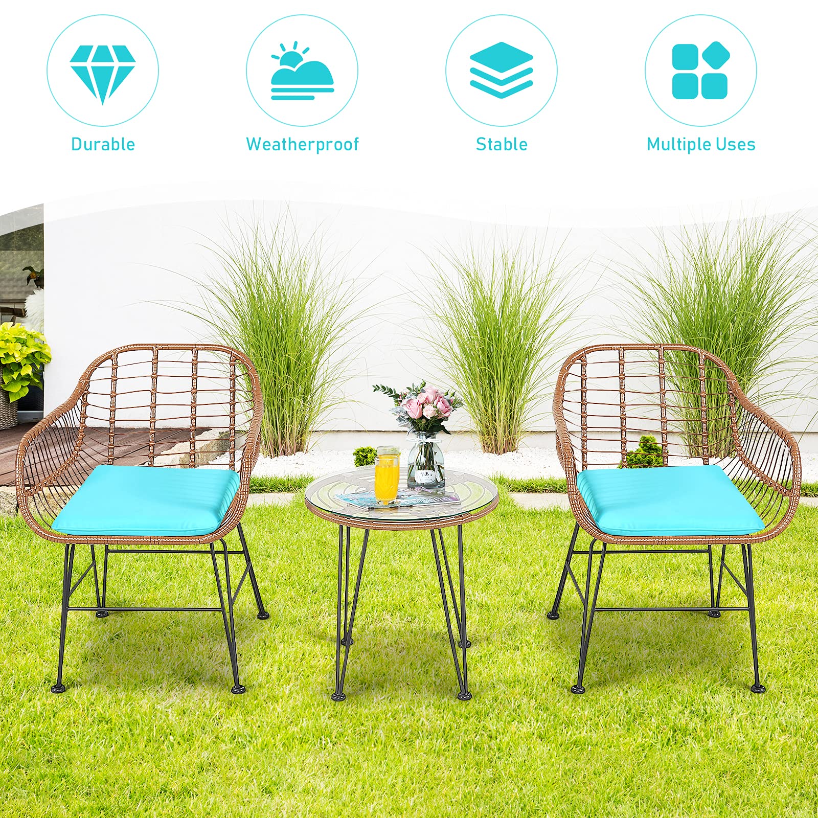 RELAX4LIFE 3-Piece Outdoor Rattan Bistro Set with Tempered Glass Table & 2 Armchairs - Patio, Porch, Garden Furniture for Relaxing, Entertaining & Dining (Turquoise)