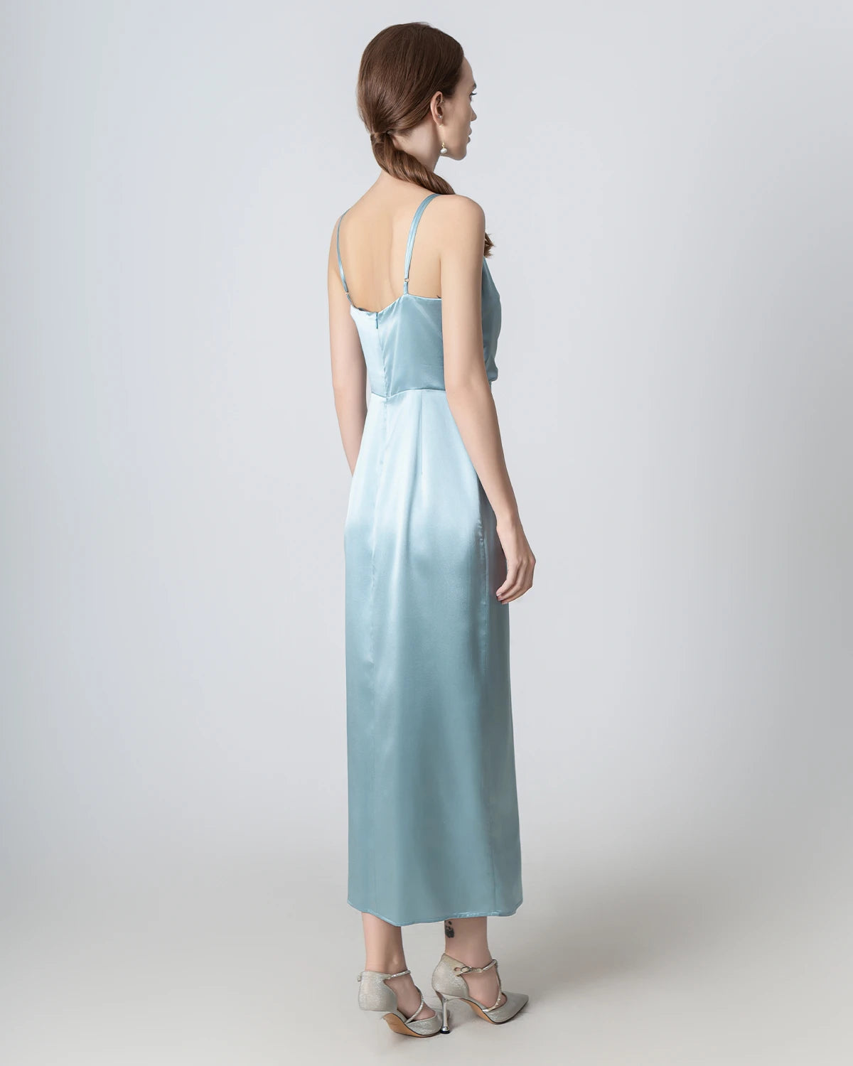 Elegant V-Neck High Slit Silk Maxi Dress for Women - Luxury Evening Gown for Parties, Weddings & Special Occasions