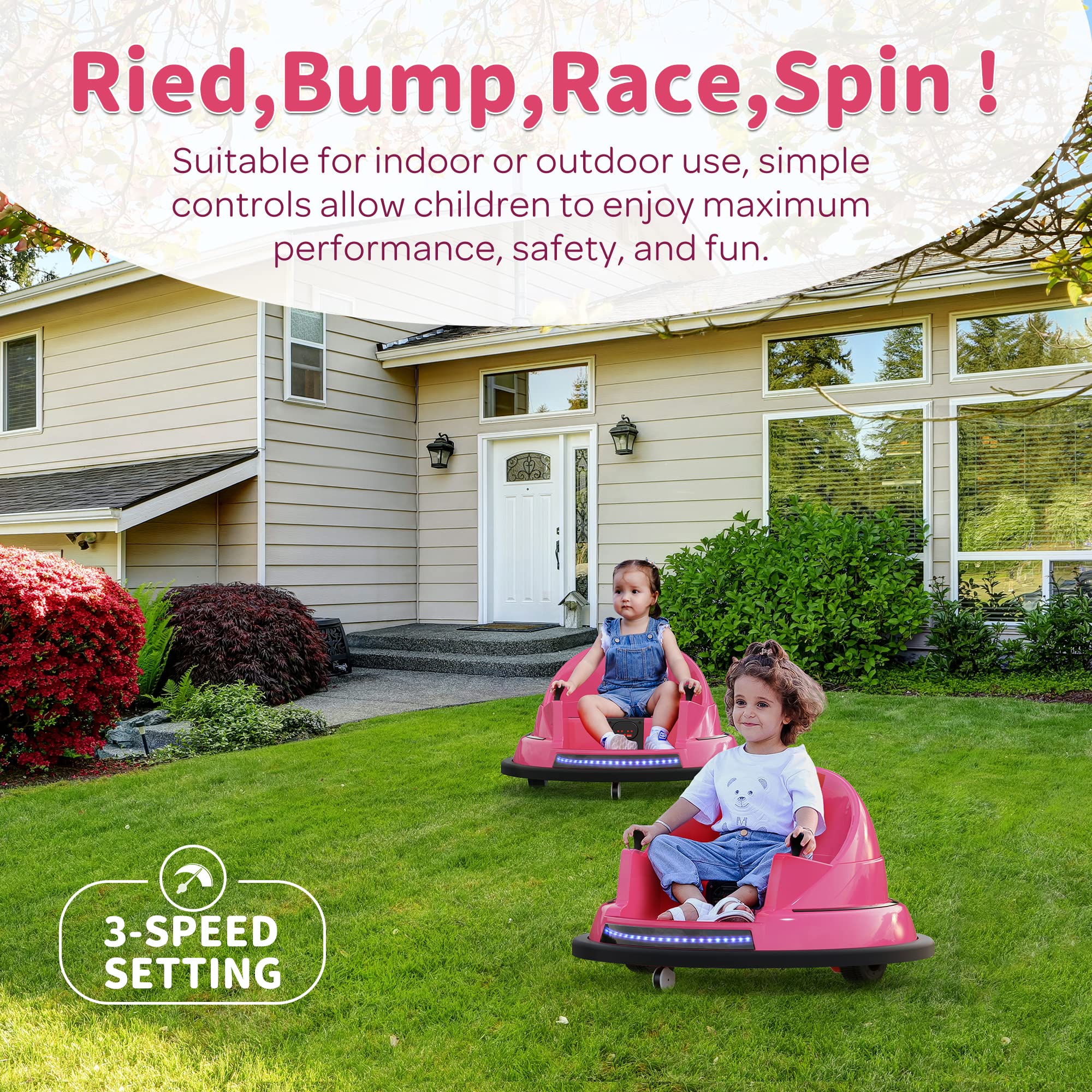 ROOMTEC 12V Kids Ride On Bumper Car with Remote Control - Safe & Certified Electric Toy Car for Toddlers 1-3 Years Old | Flashing LED Lights, Music & 360° Spin | Perfect Birthday Gift for Boys & Girls (Pink) - Indoor & Outdoor Play, Backyard Fun, Party Entertainment