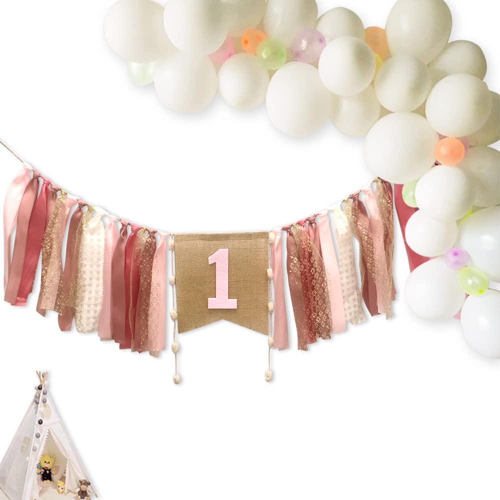 AULEGE 1st Birthday Banner for Baby - Coral Pink High Chair Banner & Party Theme Pull Flag - Perfect for Baby's First Birthday Party Decorations | Ideal for Cake Smash, Photo Backdrops & Celebration Decor
