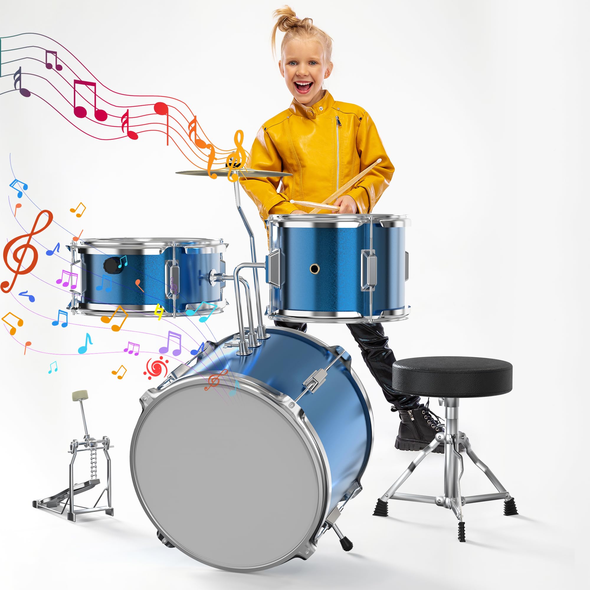 **Kids Drum Set - 4-Piece Junior Drum Kit with Bass, Tom, Snare & Cymbal, Drumsticks & Throne - Beginner Drum Set for Children & Toddlers (Sky Blue) - Perfect for Home Play, Birthday Gifts & Music Learning**