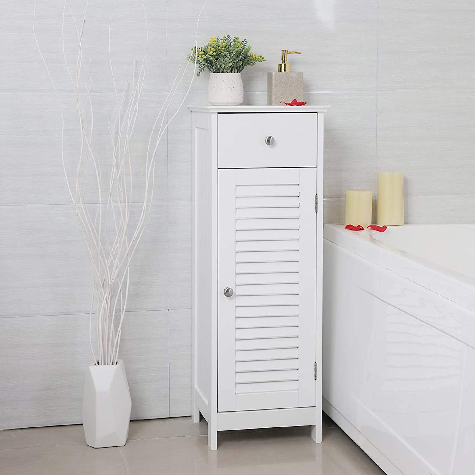 MIFXION White Wooden Bathroom Storage Cabinet - Freestanding Kitchen & Toilet Organizer with Drawer and Single Shutter Door | Perfect for Small Space Organization in Bathroom, Kitchen, or Laundry Room