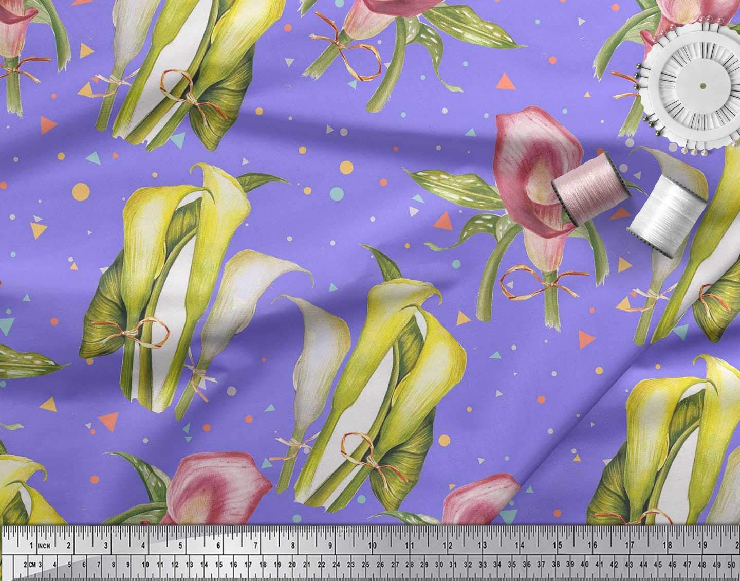 Soimoi Cotton Voile Purple Fabric by The Yard - 42 Inch Wide - Triangle Leaves & Lily Flower Dream Print - Modern Fabric for Dresses, Curtains & DIY Home Decor