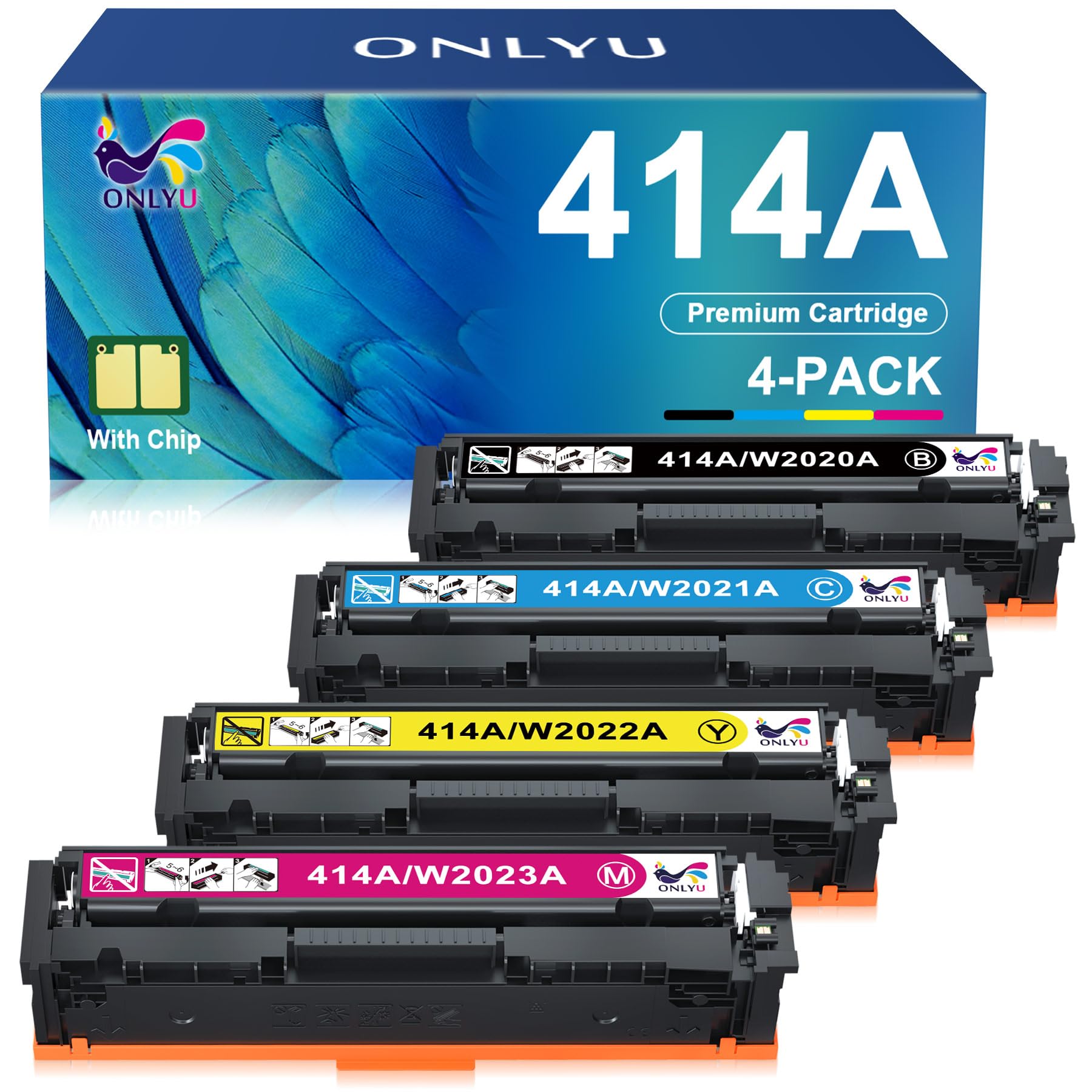 ONLYU 4-Pack Compatible Toner Cartridge Replacement for HP 414A 414X - Works with HP Color LaserJet Pro MFP M479fdw M479fdn M479dw M454dw M454dn M455dn MFP M480f M479 M454 W2020A W2020X (Black, Cyan, Magenta, Yellow) - Perfect for Home & Office Printing Needs