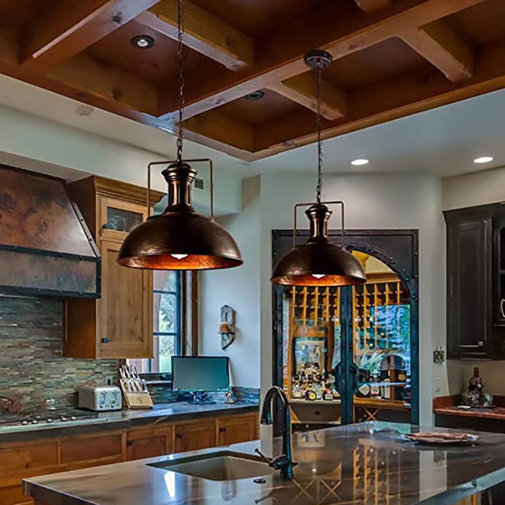 Vintage Industrial Pendant Light - Adjustable Metal Hanging Fixture with Oil Rubbed Bronze Finish - Rustic Dome Bowl Design for Kitchen Island, Dining Room, or Bar Lighting (1 Pack)