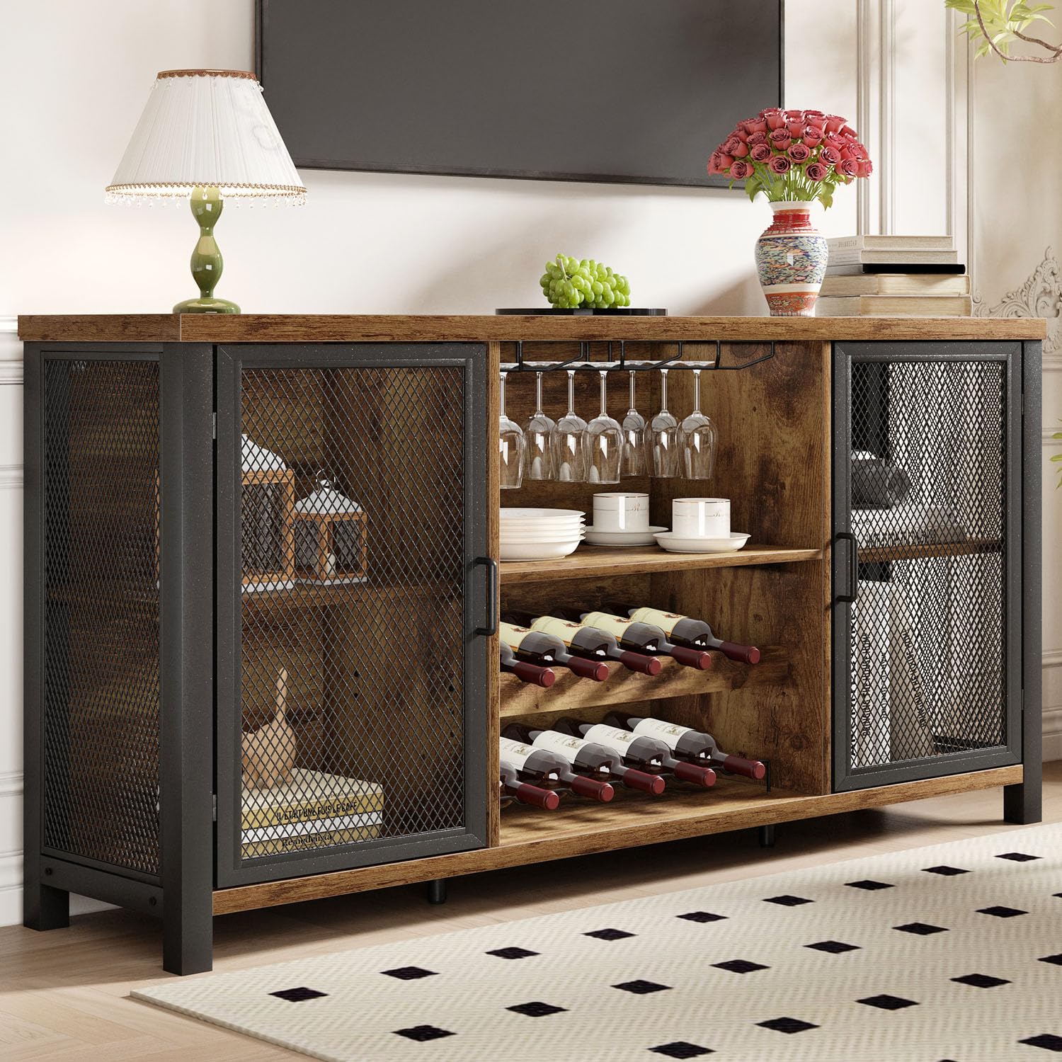 Industrial Coffee & Wine Bar Cabinet - 55 Inch Rustic Brown Wood Metal Sideboard Buffet for Liquor, Glasses & Storage | Perfect for Home Kitchen, Dining Room & Entertaining Guests