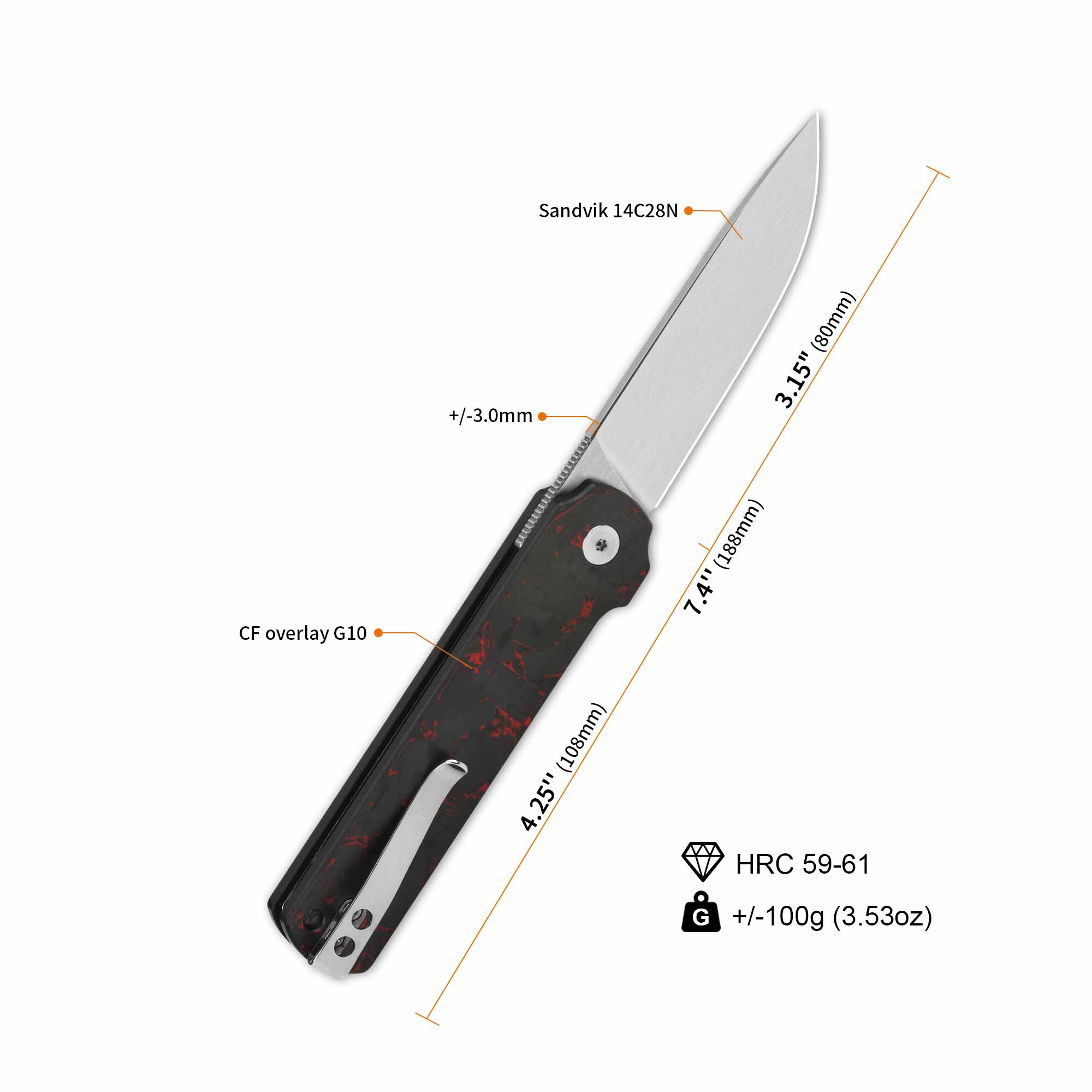 QSP Lark Pocket Knife - 14C28N Stainless Steel Blade with Shredded Carbon Fiber & G10 Handle - EDC, Camping, Hiking & Outdoor Survival Tool