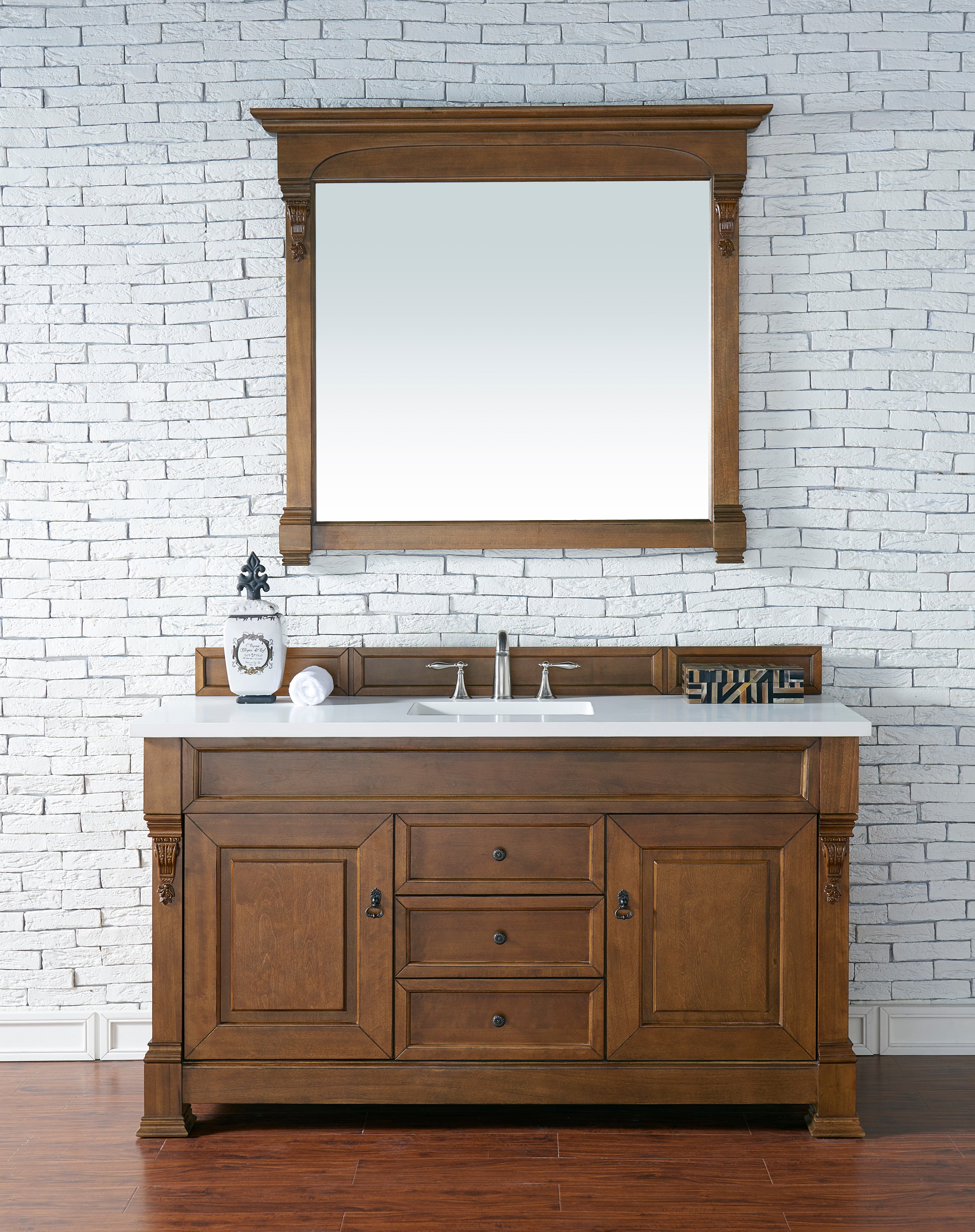 Brookfield 60 Inch Single Bathroom Vanity in Country Oak with 3CM Classic White Quartz Top - Perfect for Modern Farmhouse & Rustic Bathroom Decor