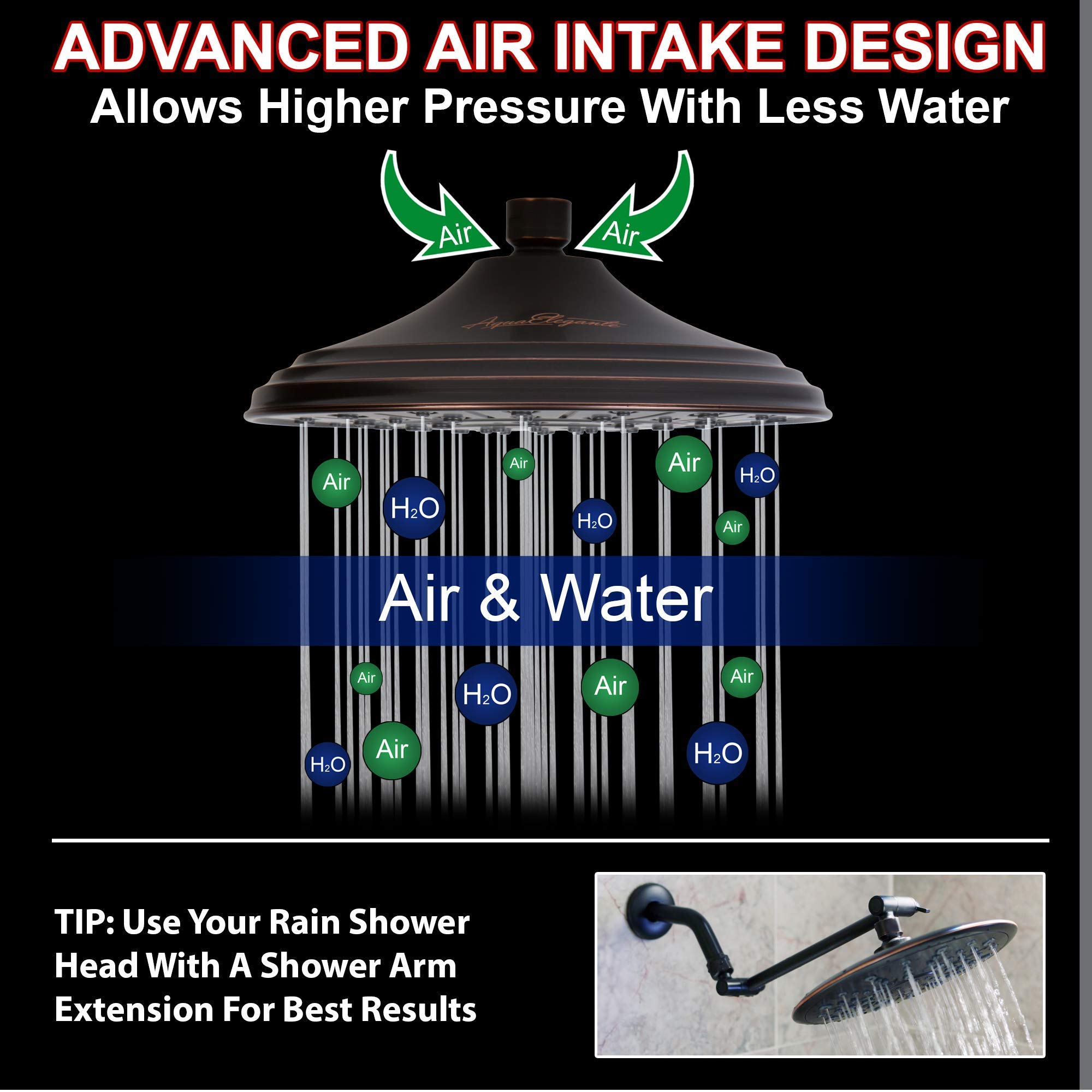 8 Inch Luxury Rainfall Shower Head with Water Filter & Adjustable Extension Arm - Chlorine Removal, 2.5 GPM, Oil-Rubbed Bronze - Perfect for Spa-Like Bathroom Experience & Hard Water Areas