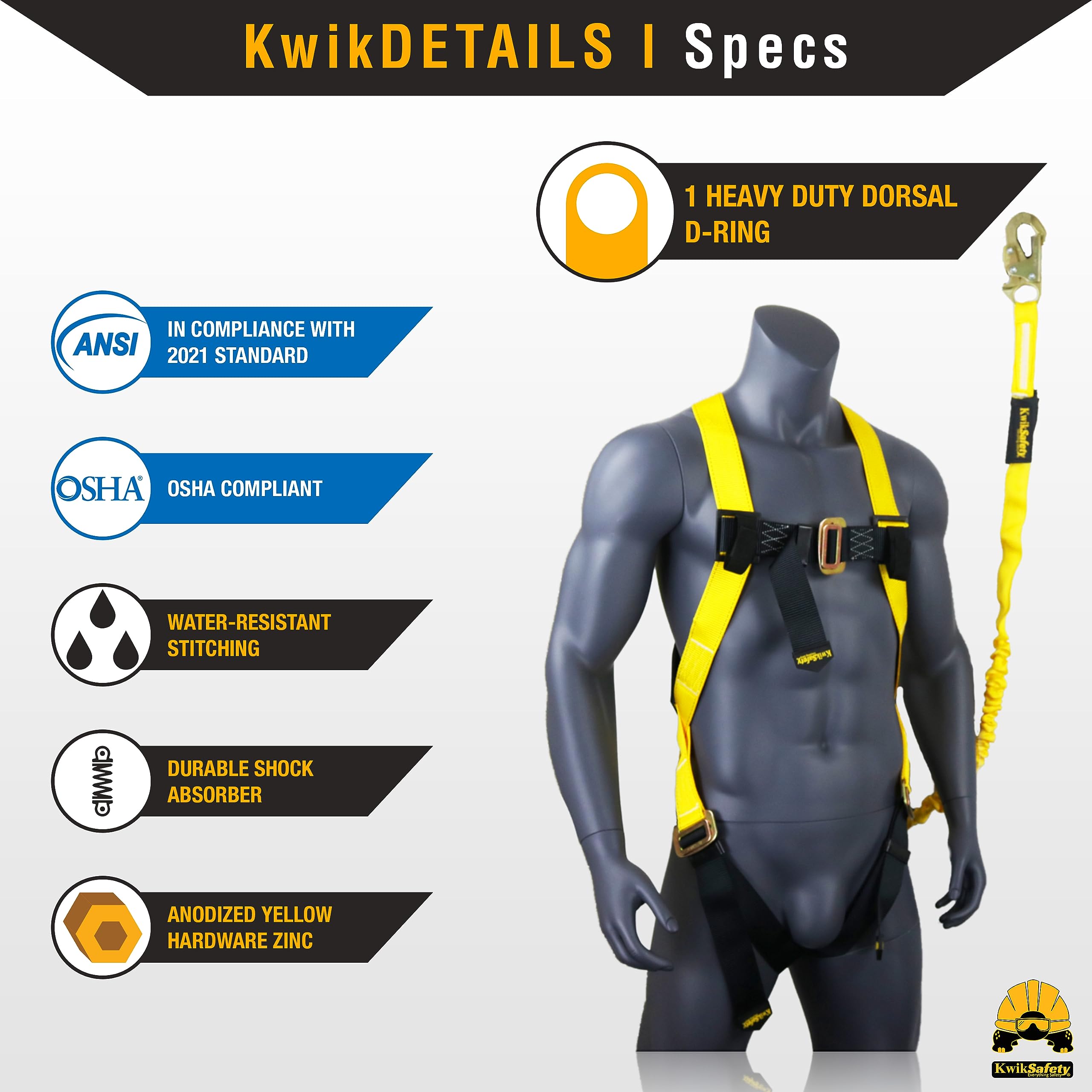 KwikSafety SCORPION Full Body Safety Harness with 6ft Lanyard - ANSI/OSHA Compliant Fall Protection Kit for Construction, Roofing & Industrial Work