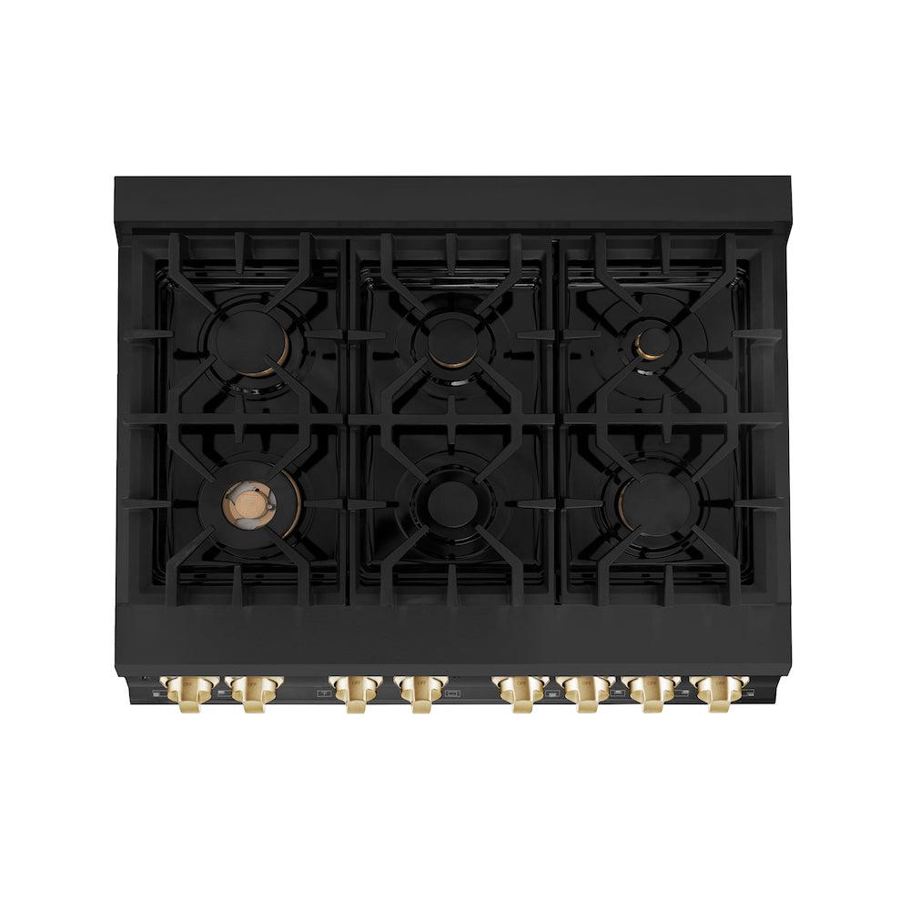 ZLINE Autograph Edition 36-inch Black Stainless Steel Dual Fuel Range with Range Hood & Dishwasher - Professional Kitchen Package with Polished Gold Accents (3AKP RABRHDWV36 G) | Perfect for Gourmet Cooking & Luxury Home Renovations