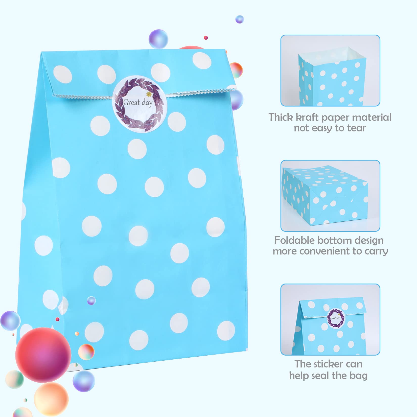 Florskoye 24-Piece Polka Dot Party Favor Bags - Premium Paper Goodie Bags with 24 Stickers for Candy & Treats | Perfect for Kids Birthday, Baby Shower, Christmas, Wedding & Party Supplies | Great for Gift Giving, Classroom Rewards & Celebration Favors