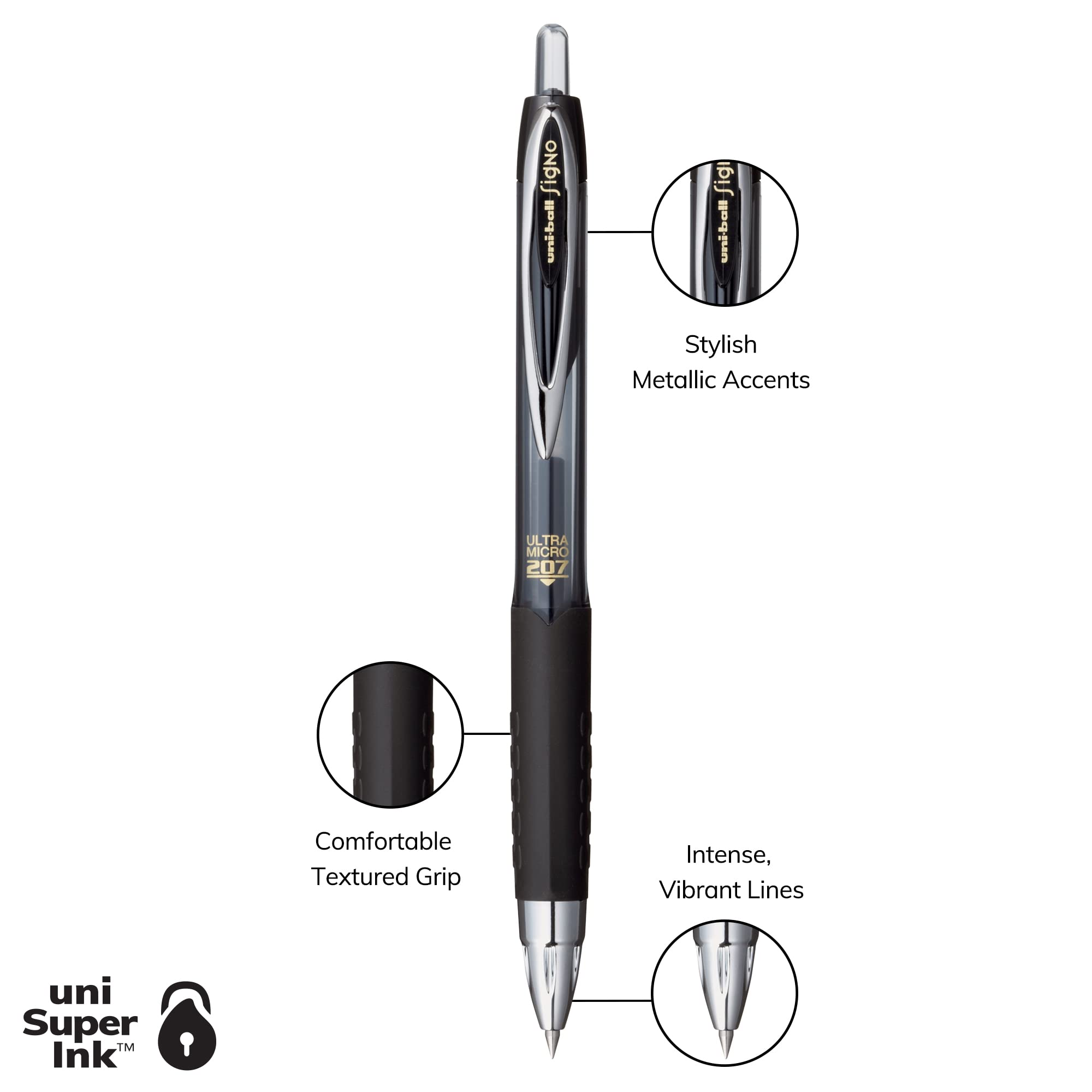 uni-ball 207 Retractable Gel Pens - 0.5mm Micro Point Fine Tip - Pack of 5 Blue Gel Ink Pens - Smooth Writing for Office, School & Note Taking