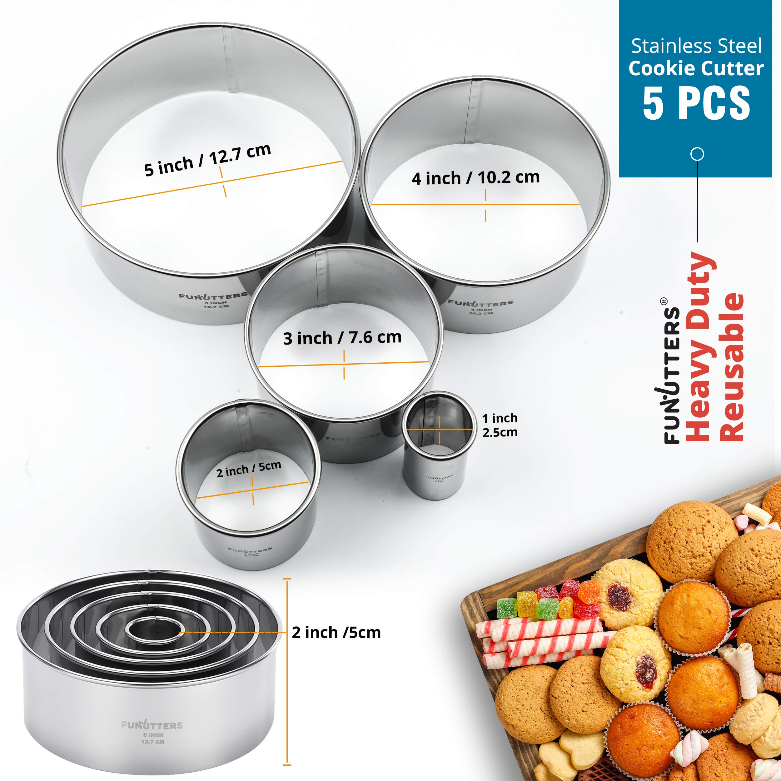 5-Piece Round Metal Cookie Cutter Set (1'', 2'', 3'', 4'', 5'') - Heavy Duty Baking Rings for Pastry, Biscuits & Dough Cutting - Reusable Stainless Steel Cutters for Perfect Cookies, Cakes & DIY Desserts - Ideal for Home Bakers, Holiday Baking & Party Treats
