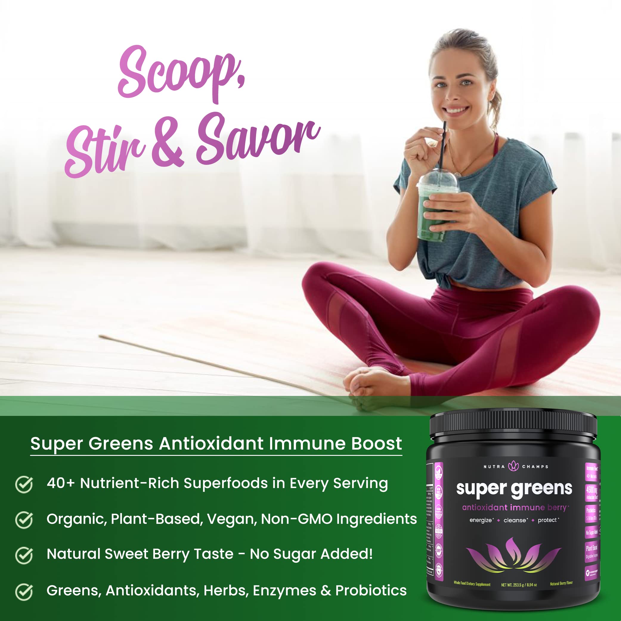 NutraChamps Super Greens Powder & Antioxidant Powder Bundle - Organic Superfood Supplement for Detox, Energy & Immunity Boost - Perfect for Smoothies, Juices & Daily Wellness Routine