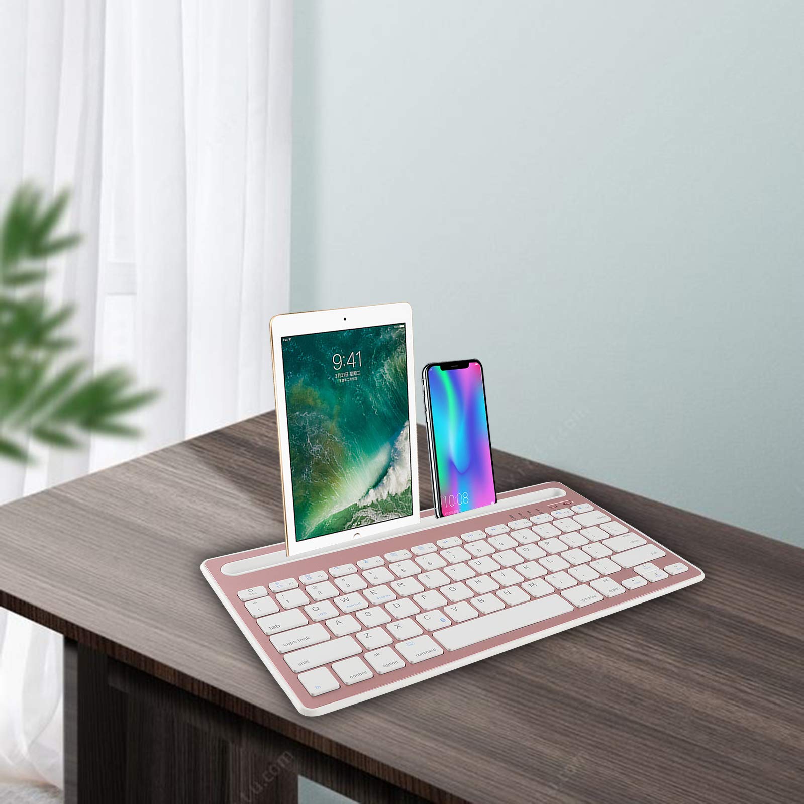 Rechargeable Bluetooth Keyboard for iPad, Tablet, Phone & Computer - Multi-Device Wireless Keyboard Compatible with Android, iOS, Windows - Quiet Typing for Office, Home & Travel - Rose Gold