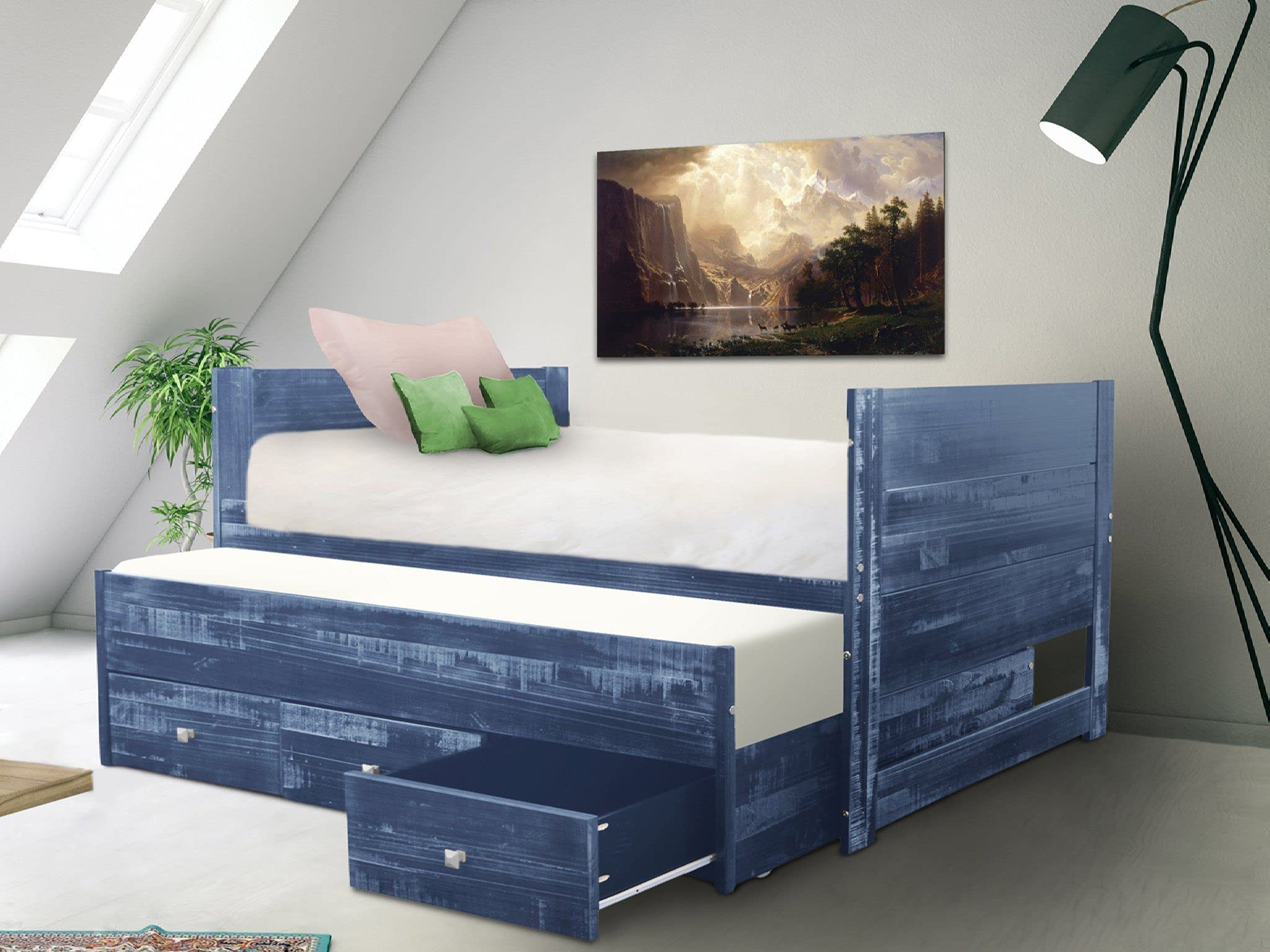 Bedz King All-in-One Twin Bed with Twin Trundle & 3 Built-In Drawers in Weathered Blue - Perfect for Kids' Rooms, Guest Bedrooms & Small Space Living