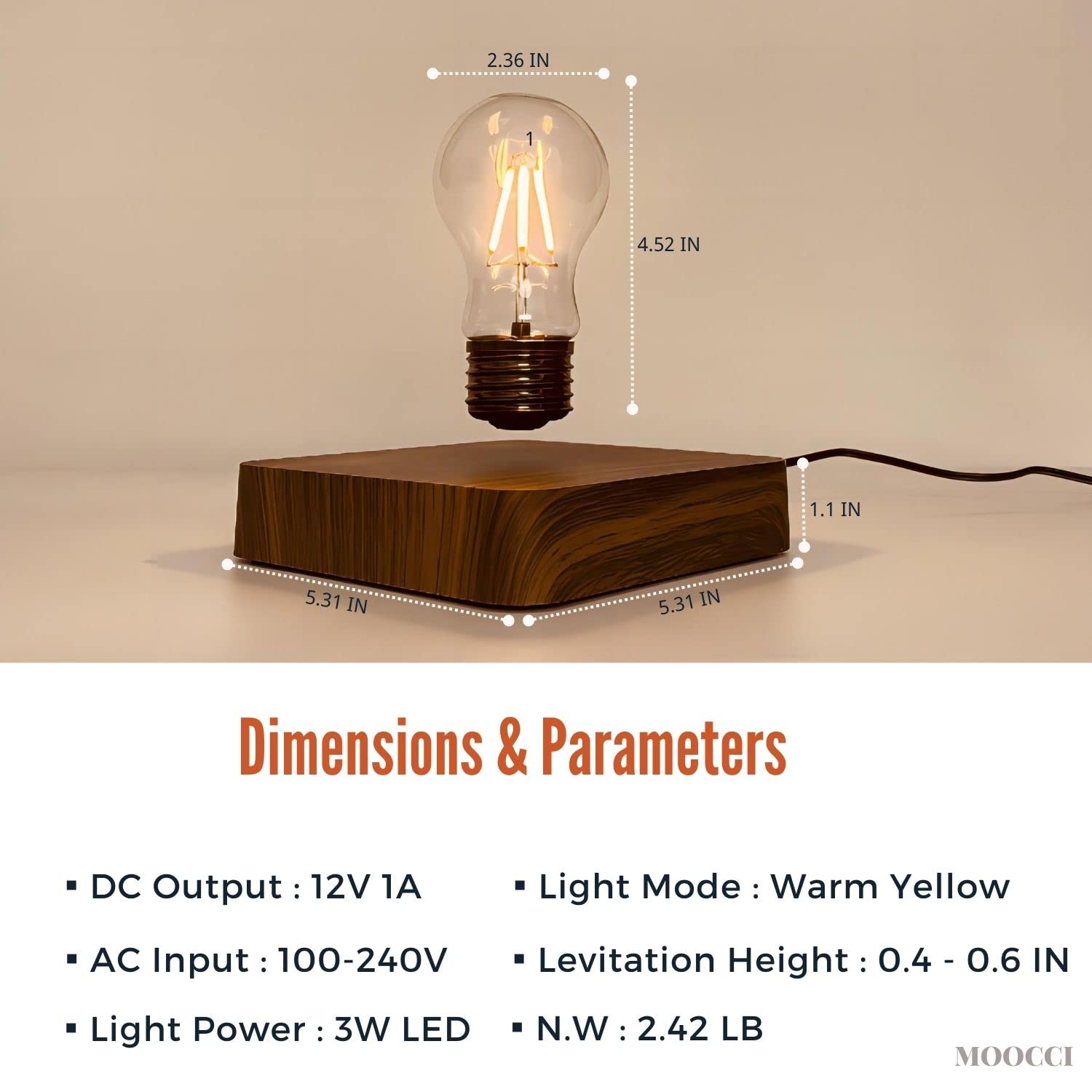 MOOCCI Magnetic Floating Levitating Bulb Lamp - 360° Wireless Rotating Night Light, Modern Desk Lamp for Home Office Decor, Unique Tech Gadget Gift (Square-Classic Bulb) - Perfect for Bedside Lighting, Workspace Illumination & Creative Home Decor