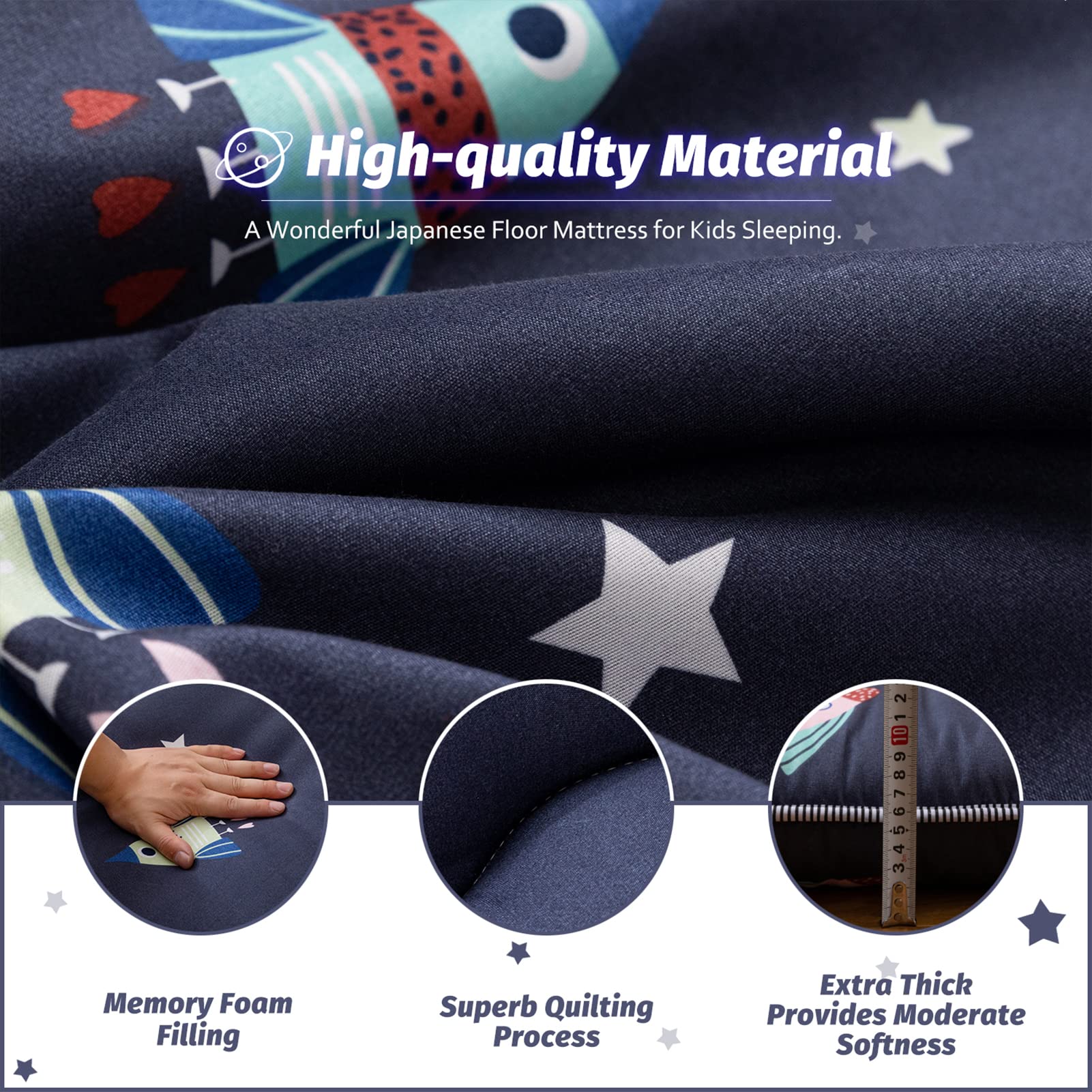 YOSHOOT Navy Blue Japanese Thick Foldable Futon Floor Mattress for Adults - Full Size Space Saving Floor Bed with Canvas Storage Bag - Perfect for Camping, Guest Beds & Small Apartments