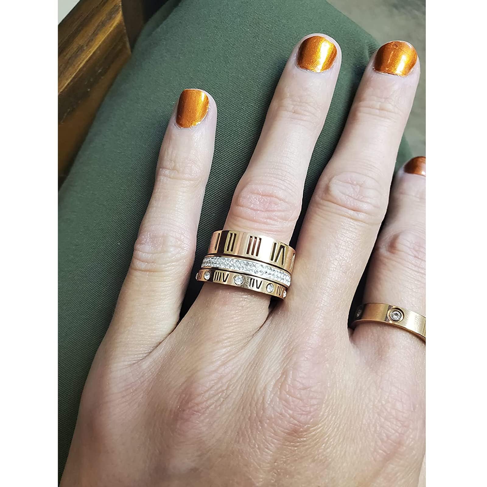 Stainless Steel Zirconia Spinner Rings for Women - 3 in 1 Roman Numeral Wedding Band Set in Gold Tone | Perfect for Anniversary Gifts, Promise Rings & Everyday Fashion Jewelry