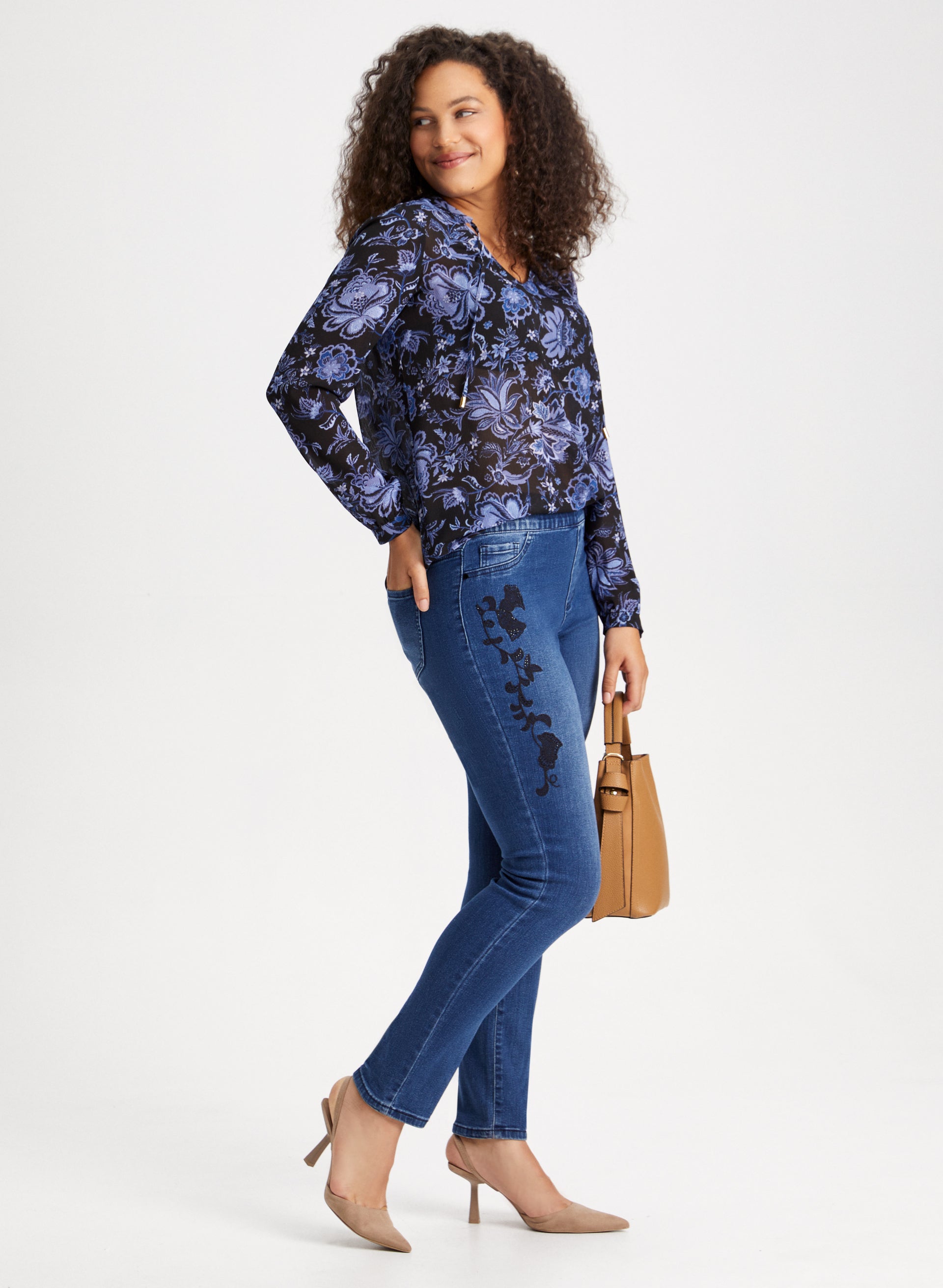 Floral Embroidery Pull On Jeans for Women - Comfortable Stretch Denim Pants with Floral Design - Perfect for Casual Outings, Spring Fashion and Boho Style