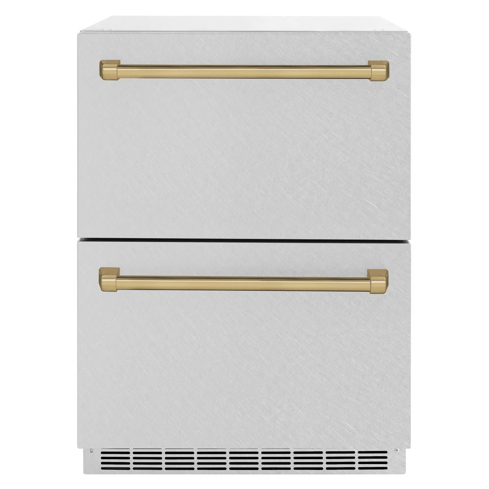 ZLINE Autograph Edition 24-inch Outdoor Rated Dual Refrigerator Drawer with Satin Stainless Steel Doors & Champagne Bronze Handles - 168 Can Capacity (RDSOZ SN 24 CB) | Perfect for Outdoor Kitchens, Patio Bars & Entertaining Spaces