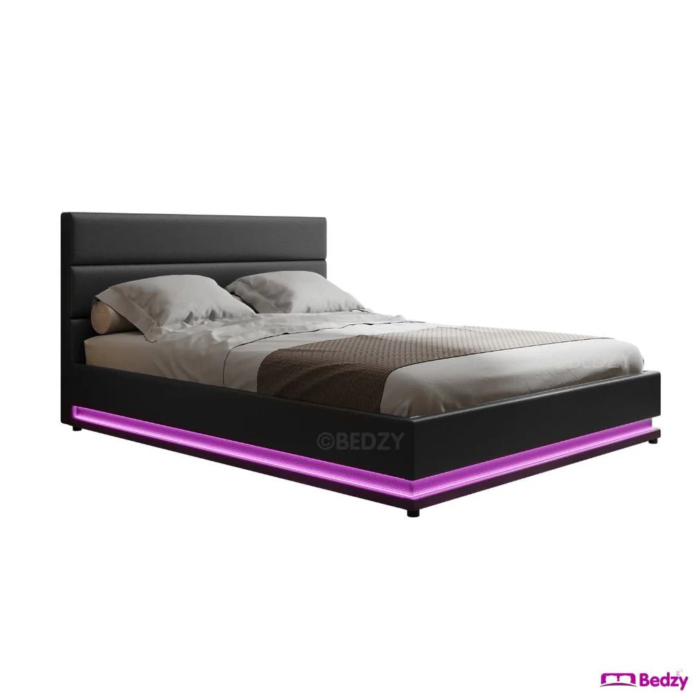 Henley Double Gas Lift Storage Bed Frame with LED Lights - Queen Size, Black - Modern Platform Bed with Underbed Storage for Small Spaces, Bedroom Furniture Upgrade