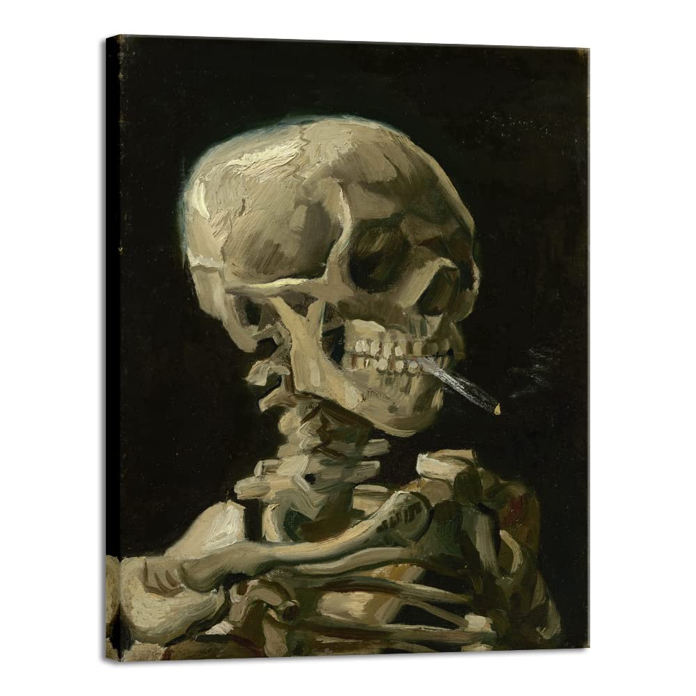Vincent Van Gogh Skull with Burning Cigarette Canvas Wall Art - Large 1886 Post-Impressionist Skeleton Painting - Home & Office Decor for Living Room, Bedroom, Study