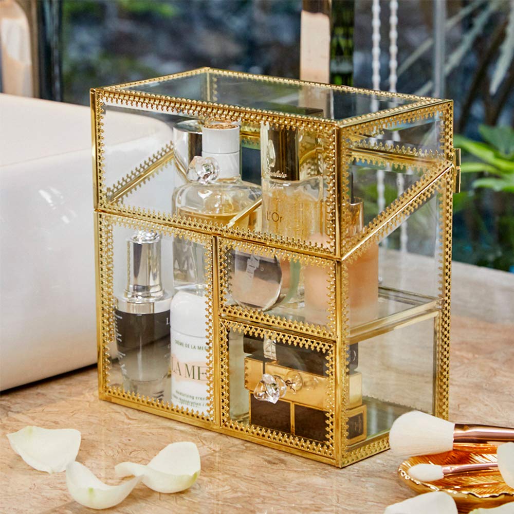 Vintage Brass Edge Glass Makeup Brush Holder - Handmade Cosmetic Organizer with Free Pearls, Large Makeup Brush Storage for Vanity, Jewelry Box & Makeup Brushes Display (Perfect for Home Decor & Beauty Salon Organization)