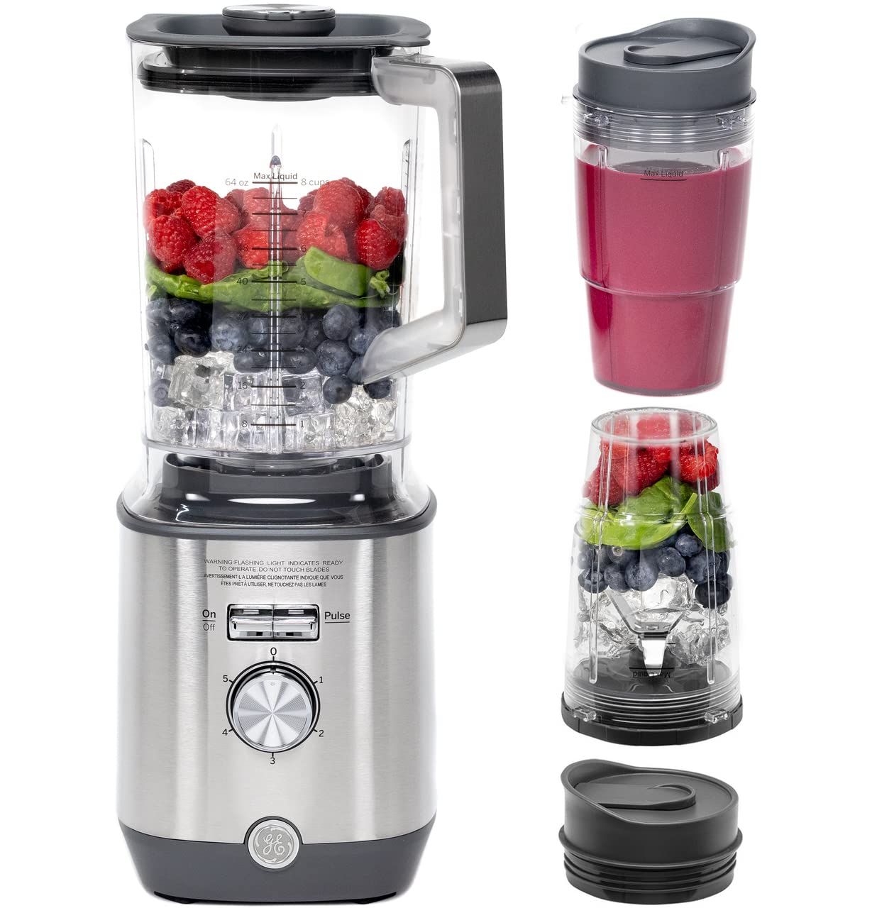 GE 5-Speed Blender with 2 (16oz) Cups - 1000W High-Power Blender for Smoothies, Shakes & Food Prep - 64oz BPA-Free Tritan Jar, Stainless Steel Blades - Perfect for Kitchen, Gym & Healthy Lifestyle