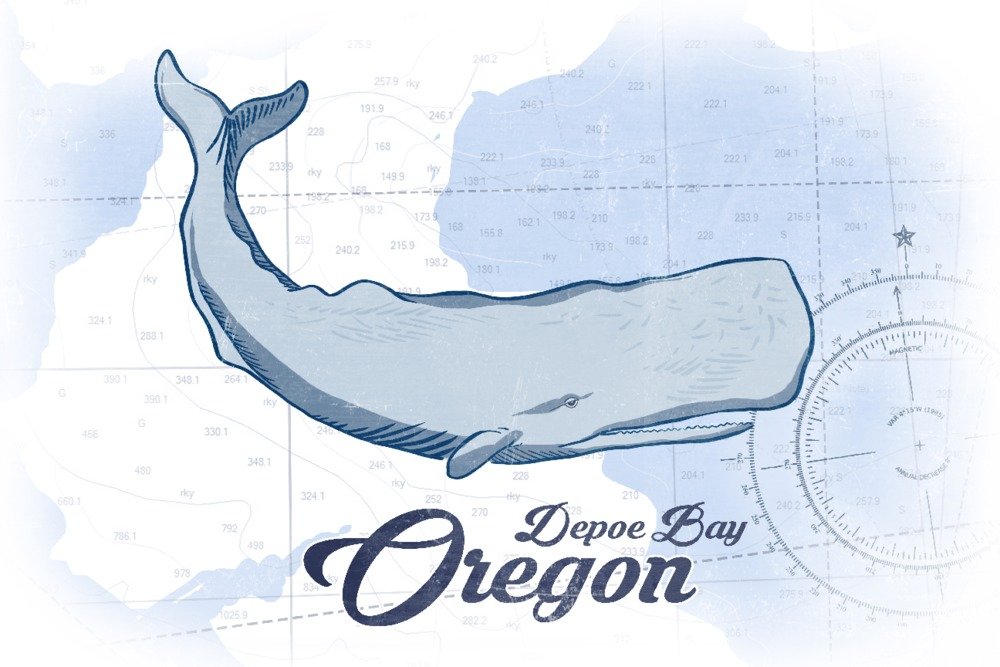 Depoe Bay Oregon Whale Coastal Art Print - 36x54 Giclee Gallery Wall Decor - Blue Whale Travel Poster for Beach House & Coastal Living Room Decor