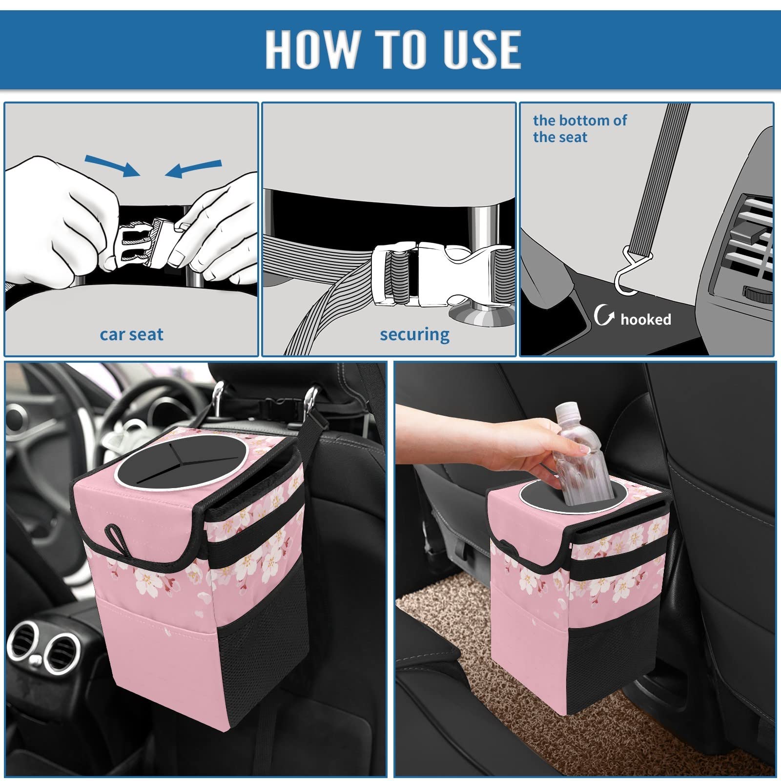 Portable Car Trash Can with Water-Resistant Coating - No Installation Needed, Large Capacity Car Organizer for Sedan, SUV & Truck Interior Accessories | Perfect for Road Trips, Commuting & Family Travel (Cherry Blossom Design)