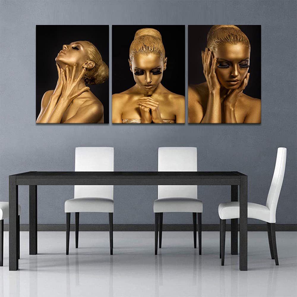 Black and Gold African Woman Canvas Wall Art - Set of 3 Framed Paintings (20