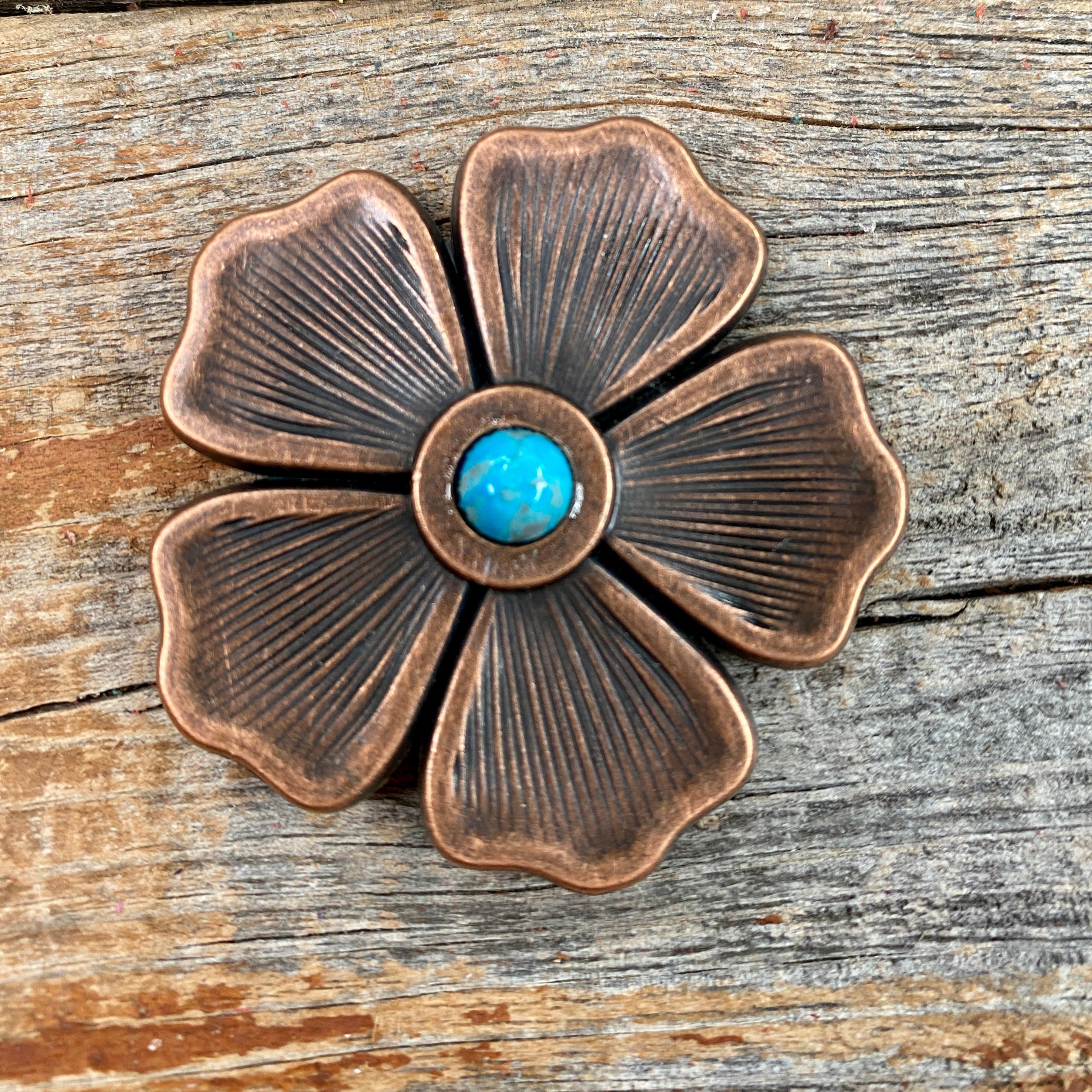 Turquoise Western Concho Belt Buckle W111 - Handcrafted Copper Flower Design for Cowboy Boots & Western Fashion Accessories - Perfect for Rodeo, Country Music Festivals & Western Themed Parties