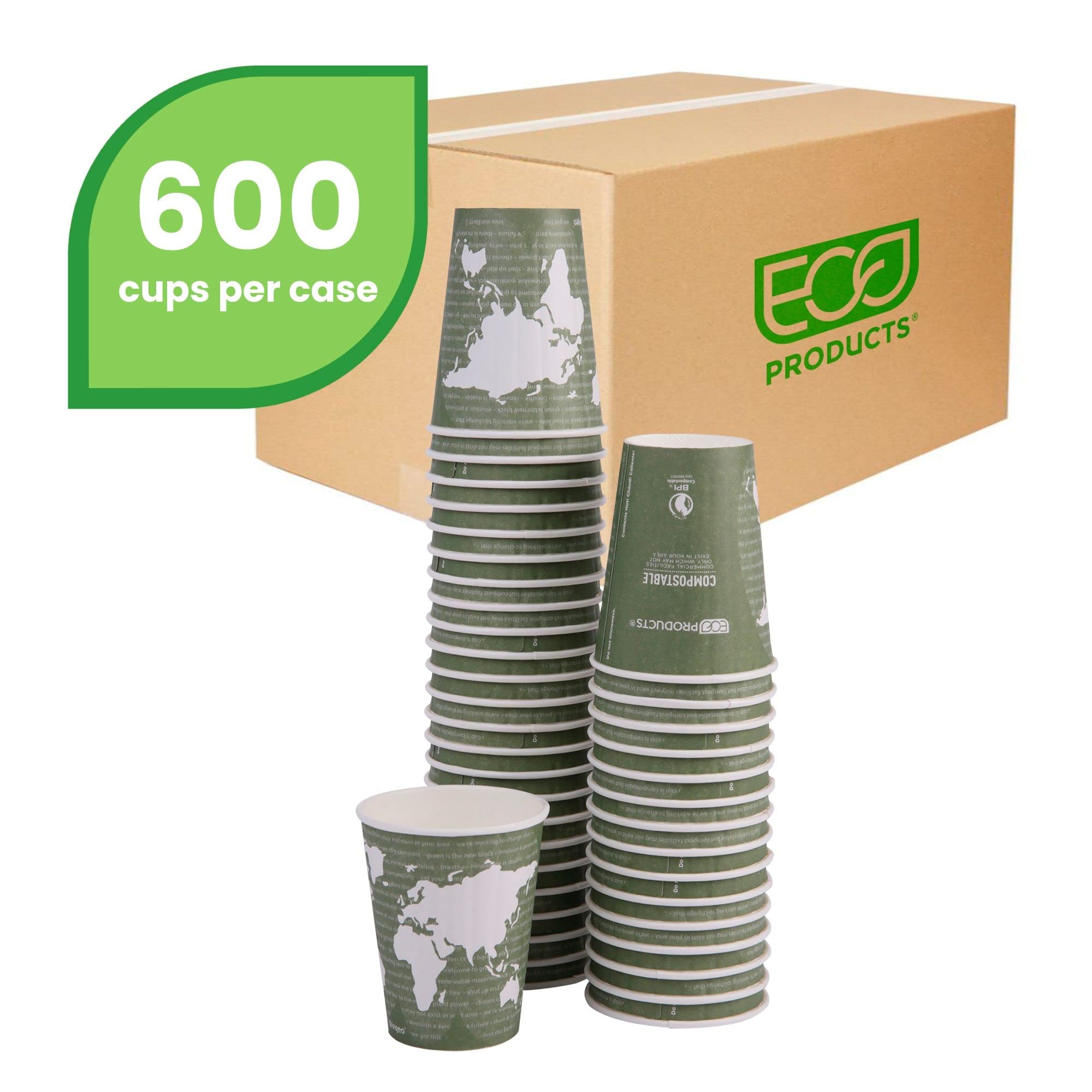 ECO PRODUCTS Compostable Disposable 12oz Coffee Cups - 600 Count Case, Double-Wall Insulated Hot Paper Cups with Plant-Based PLA Lining (No Sleeves Needed) | Biodegradable, Sustainable Coffee Cups for Offices, Cafés & Eco-Friendly Events