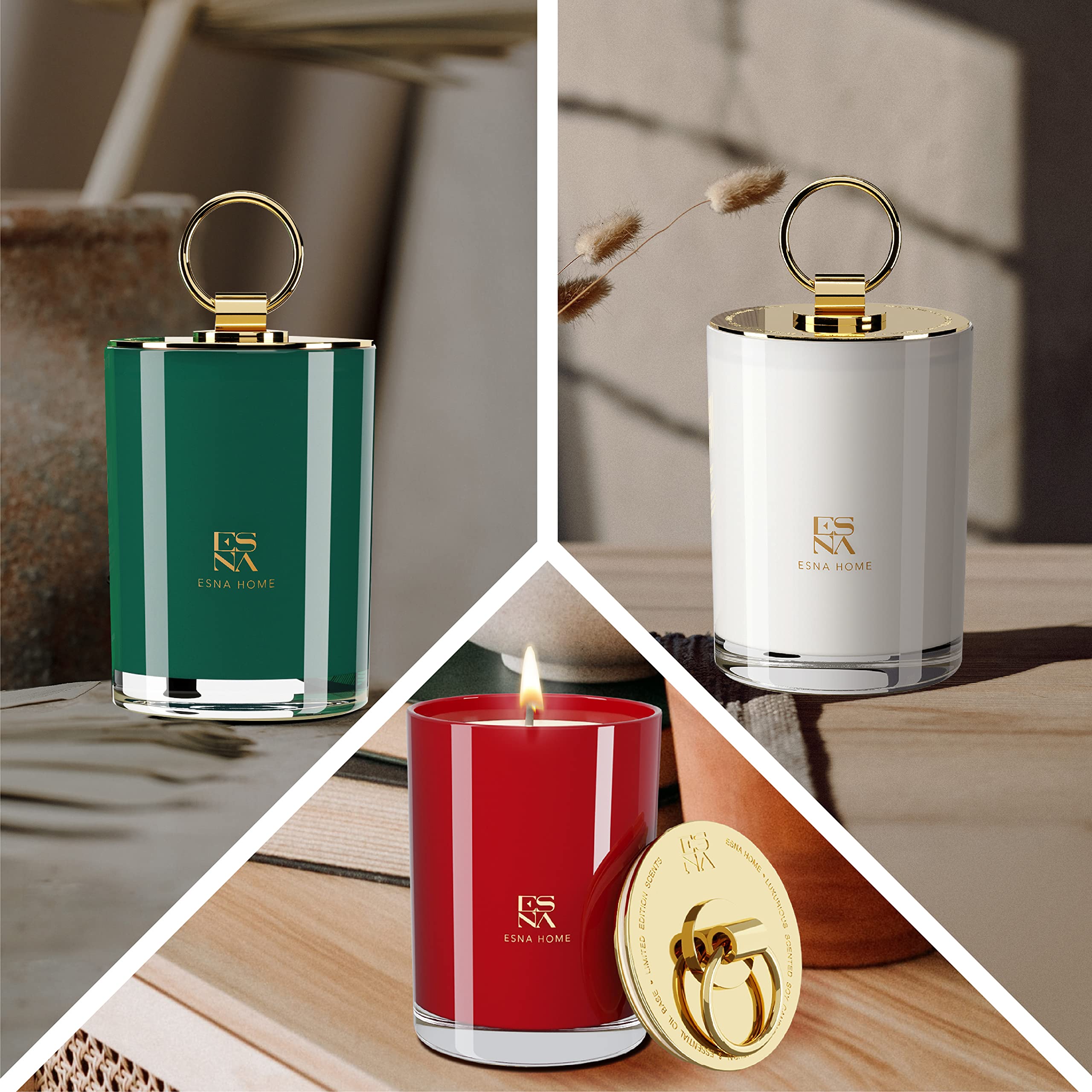 ESNA HOME Luxury Trio Gift Set - 3 Full-Size Aromatherapy Soy Candles | All Natural Scented Candles with 150-Hour Clean Burn | Perfect Holiday Gift Set in Hand-Sealed Box & Matching Sleeve | Ideal for Home Relaxation, Spa Nights & Thoughtful Gifting