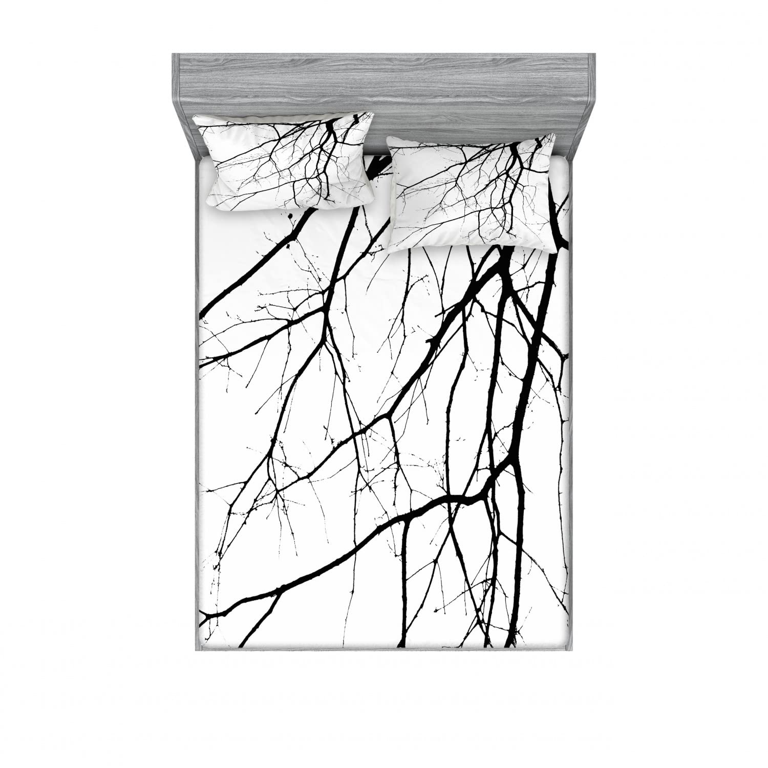 Ambesonne 2-Pack Queen Size Fitted Sheet Set with 4 Pillow Shams - Black and White Leafless Tree Pattern Bedding Decor for Modern Bedroom (Package Includes 2 Fitted Sheets & 4 Pillow Covers) - Perfect for Guest Rooms, Master Bedrooms and Contemporary Home Decor