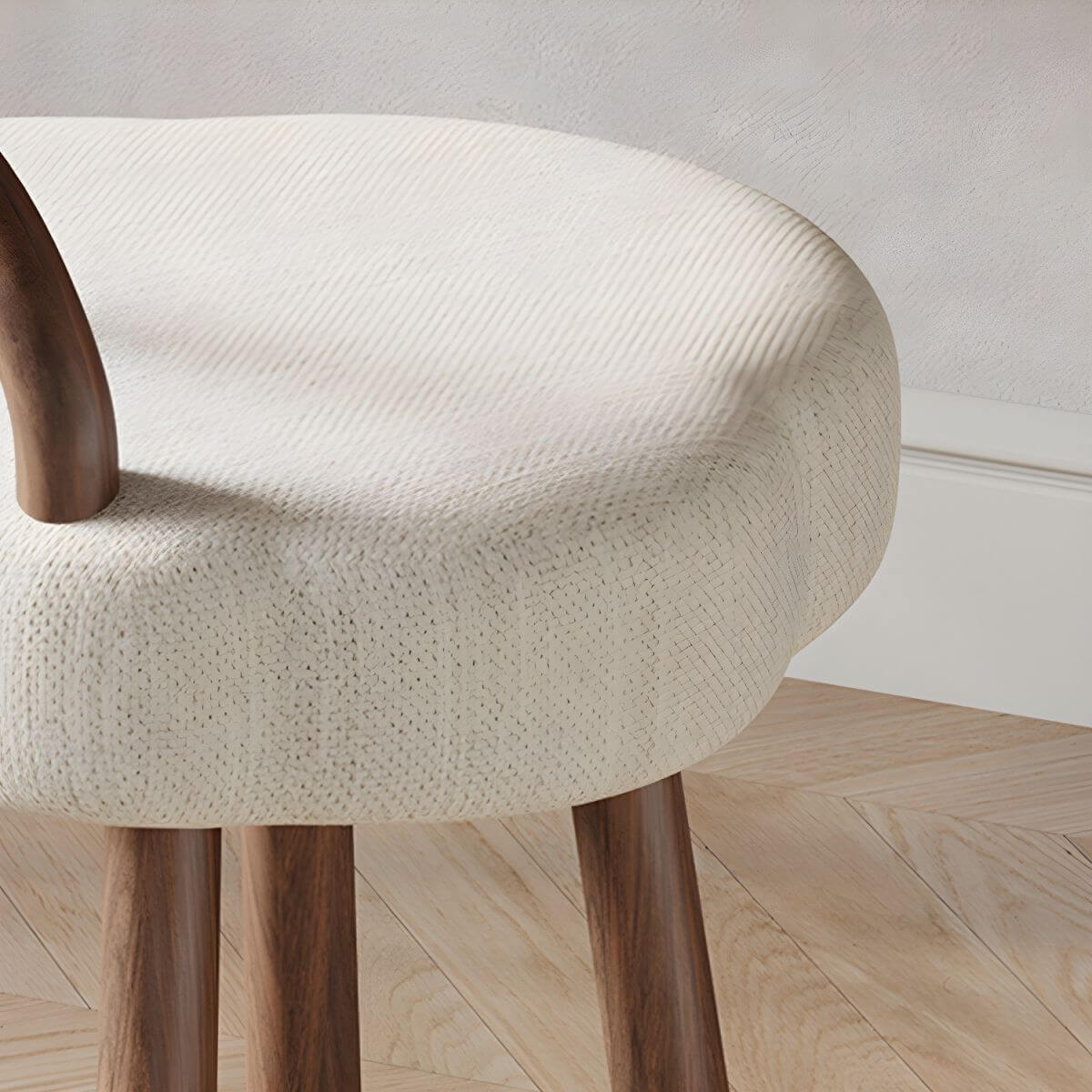 White Upholstered Vanity Stool with Back Support & Wooden Legs - 19