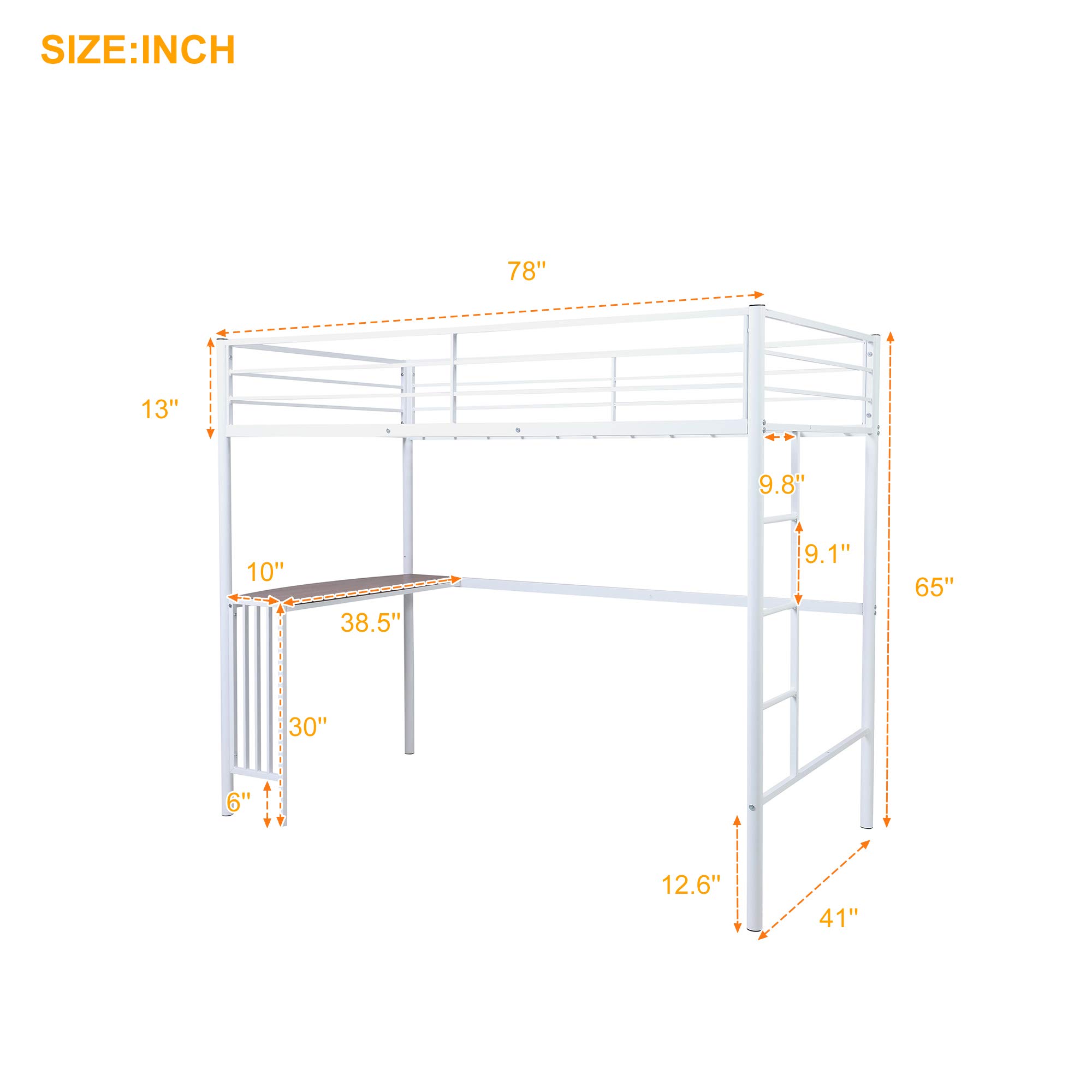 P PURLOVE Twin Size Metal High Loft Bed with Desk & Shelf - Sturdy Space-Saving Loft Bed for Kids & Teens - No Box Spring Needed - Perfect for Small Bedrooms, Dorms & Studio Apartments