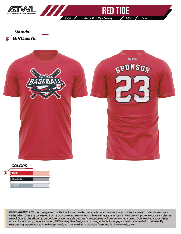 Red Tide Men's Cut Practice Full Dye Lacrosse Jersey (Red) - Lightweight & Breathable for Training, Games & Team Sports