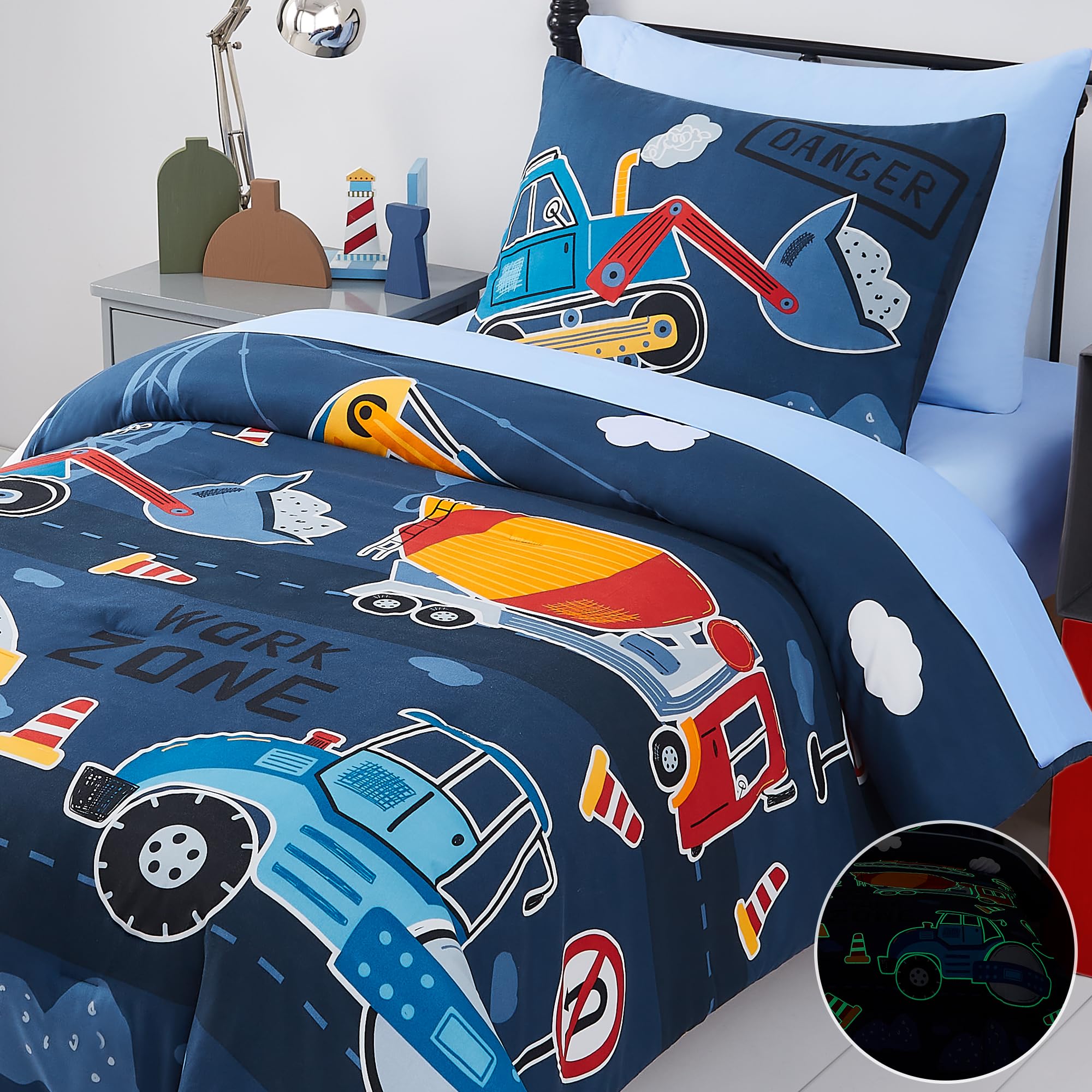5-Piece Twin Kids Comforter Set for Boys & Girls - Glow in The Dark Truck Tractor Excavator Bedding (Includes Sheets) | Perfect for Teen Bedrooms, Sleepovers & Kids Room Decor