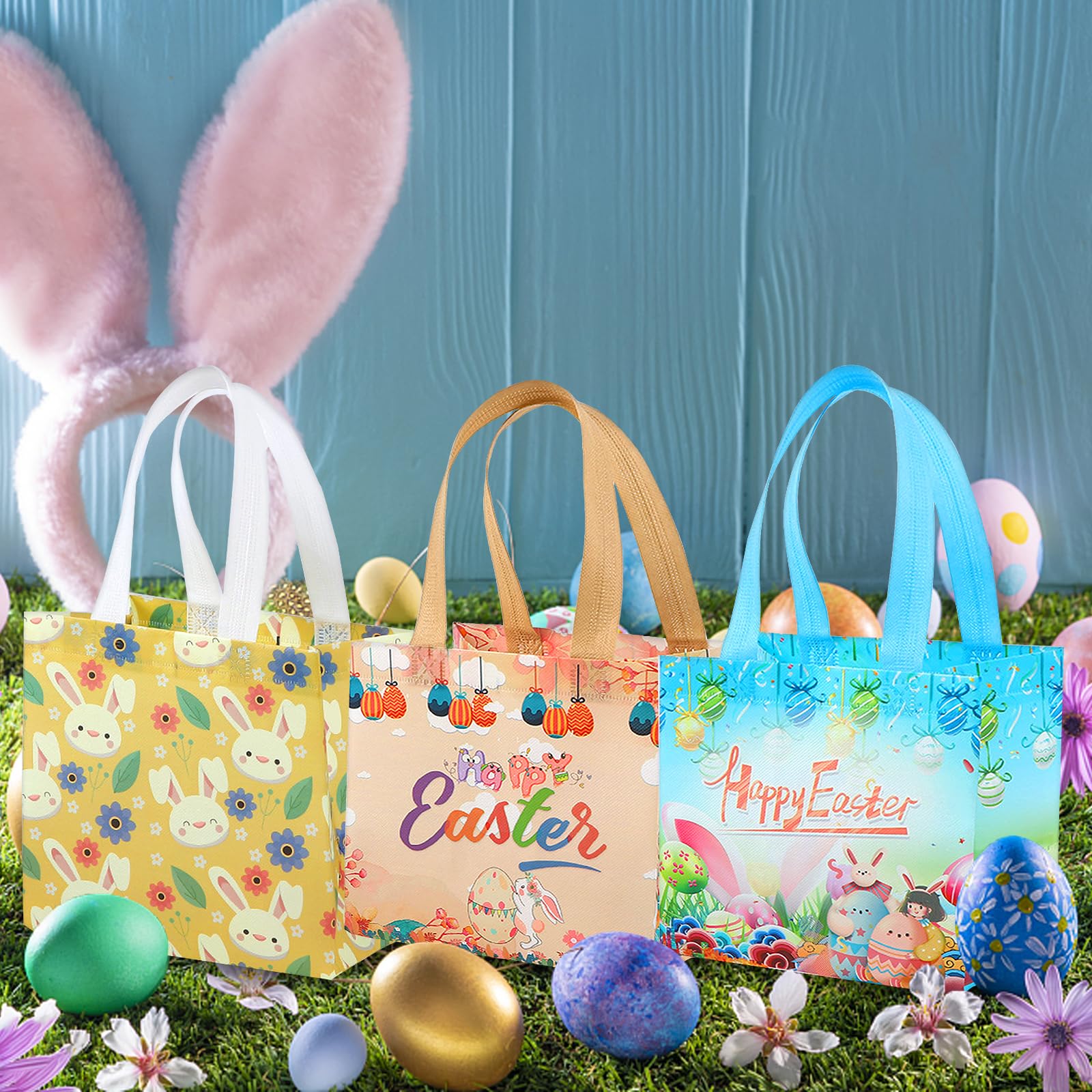 Easter Gift Bags 8Pcs - Reusable Bunny Egg Non-Woven Tote Bags with Handles for Kids Party, Easter Basket Stuffers, Holiday Favors & Treat Bags - Perfect for Easter Egg Hunts, Classroom Rewards & Spring Celebrations