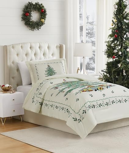 Spode King Comforter Set - 3-Piece Luxury Bedding with Matching Shams, Ivory Christmas Tree Holiday Decor for Cozy Winter Bedrooms & Festive Home Styling