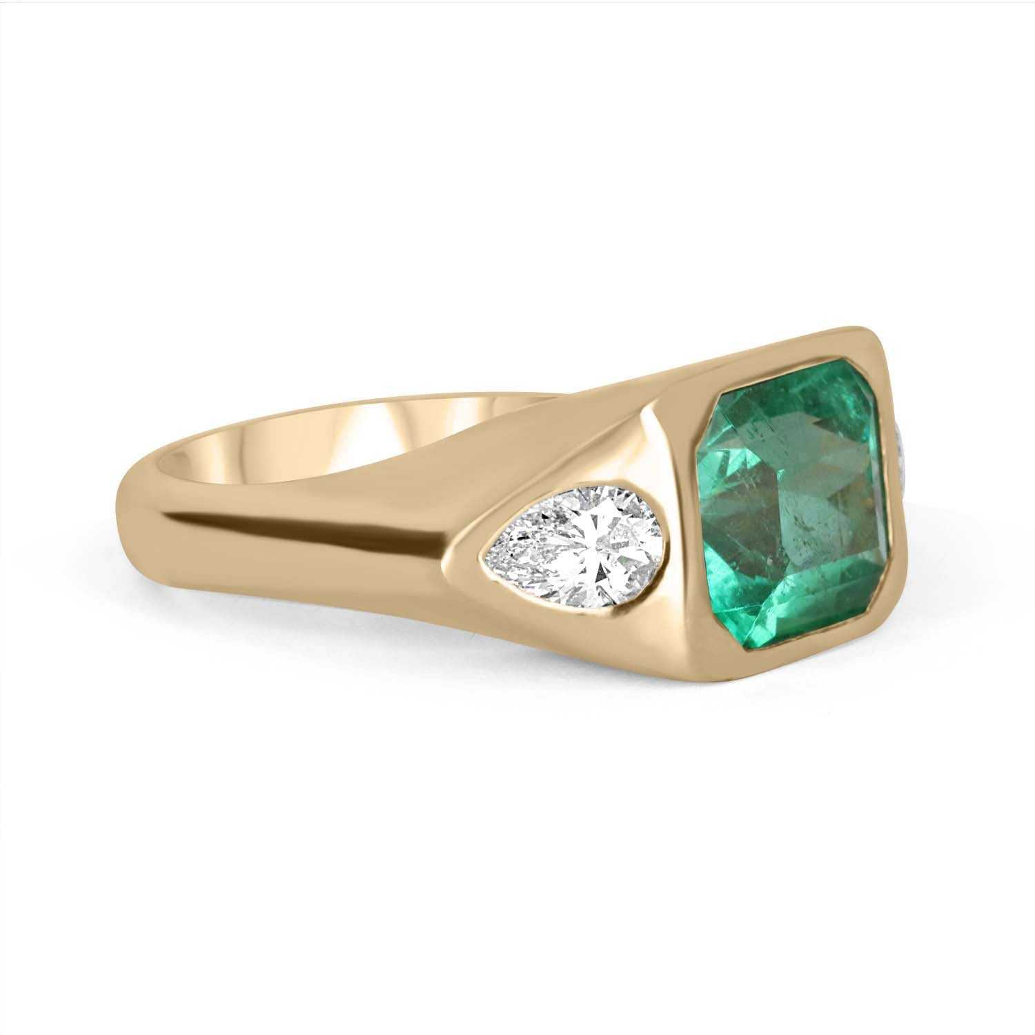 18K Gold Three Stone Emerald Cut Emerald & VVS Pear Cut Diamond Gypsy Ring - 4.62tcw AAA Quality for Engagement, Wedding & Anniversary Gifts