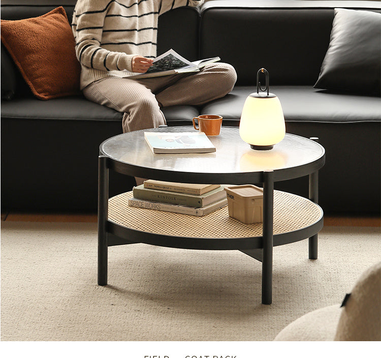 Solid Oak Wood Rattan Black Glass Round Coffee Table - Modern Living Room Centerpiece for Home Decor