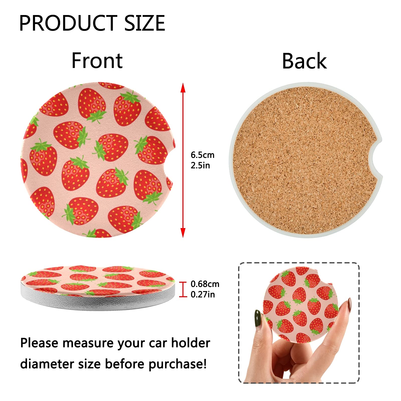 2 Pack Absorbent Ceramic Strawberry Car Coasters with Fingertip Grip, 2.5 Inch Multicolor Cup Holder Coasters for Drinks - Perfect for Car, Office, and Home Use