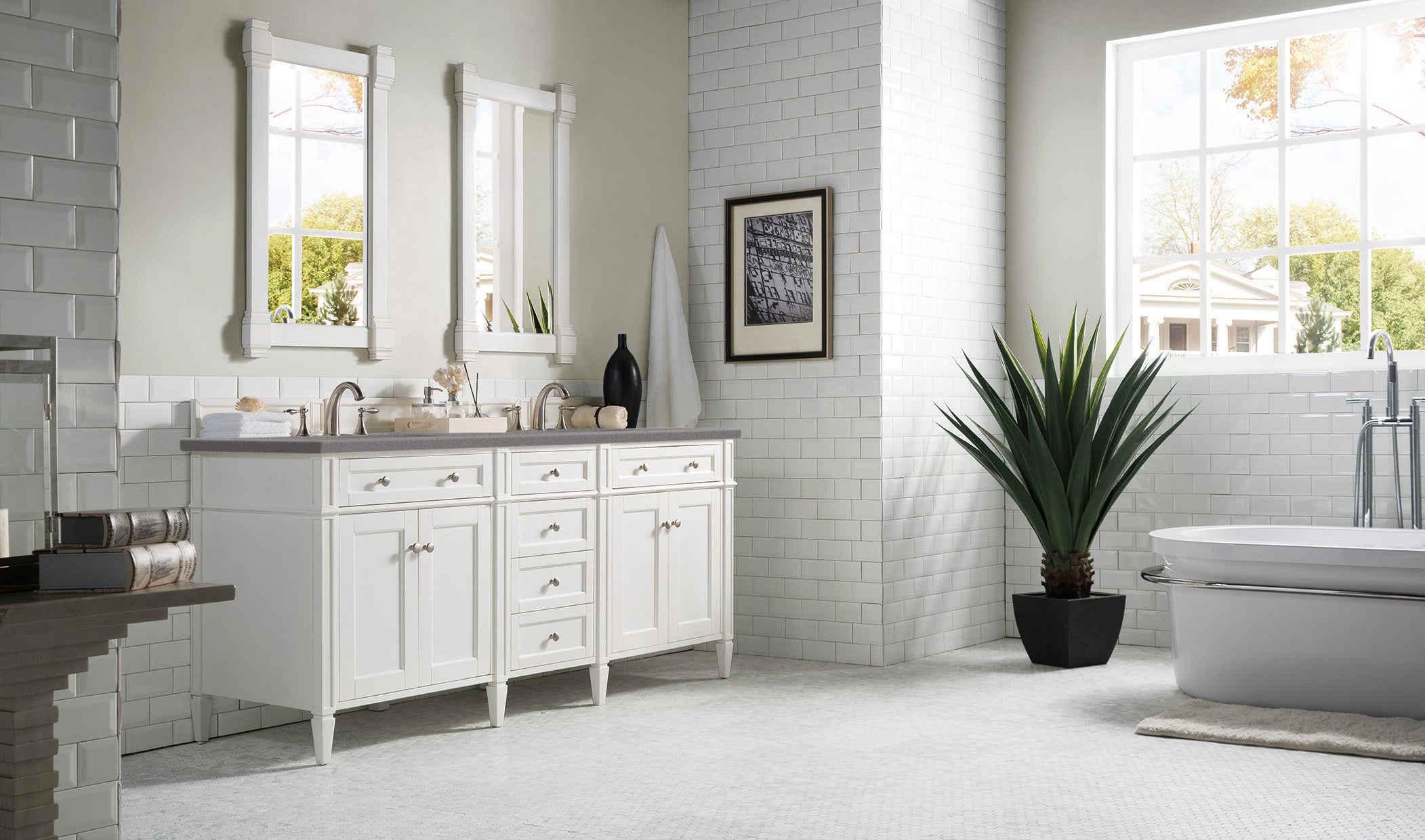 Brittany 72-Inch Bright White Double Vanity with 3CM Gray Expo Quartz Top - Perfect for Modern Bathroom Renovation & Master Suite Upgrade