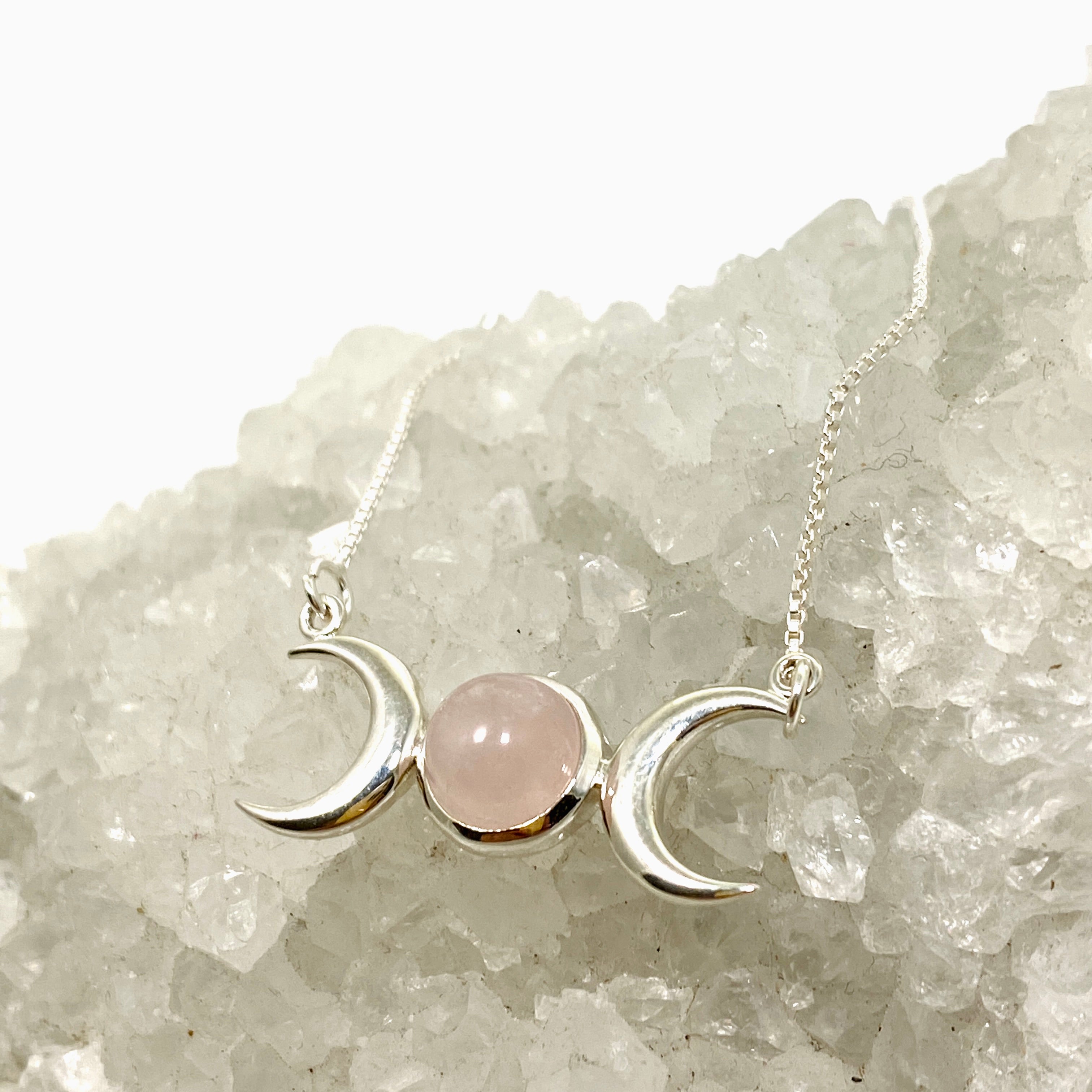 Rose Quartz Triple Goddess Necklace - Healing Crystal Jewelry for Women, 925 Sterling Silver Pendant with Chain, Spiritual Gift for Meditation, Yoga & Energy Balancing (Style NK342 RQ)